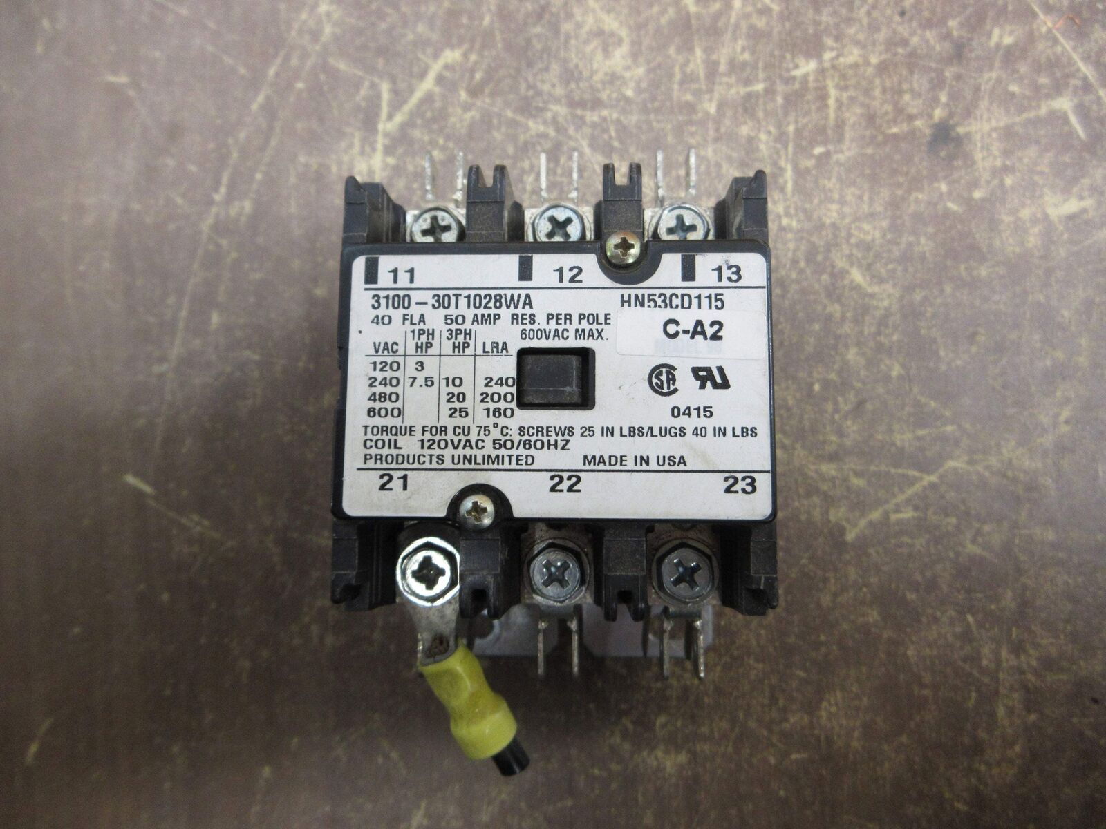 Products Unlimited Contactor 3100-30T1028WA 120V Coil 40A 600V Used