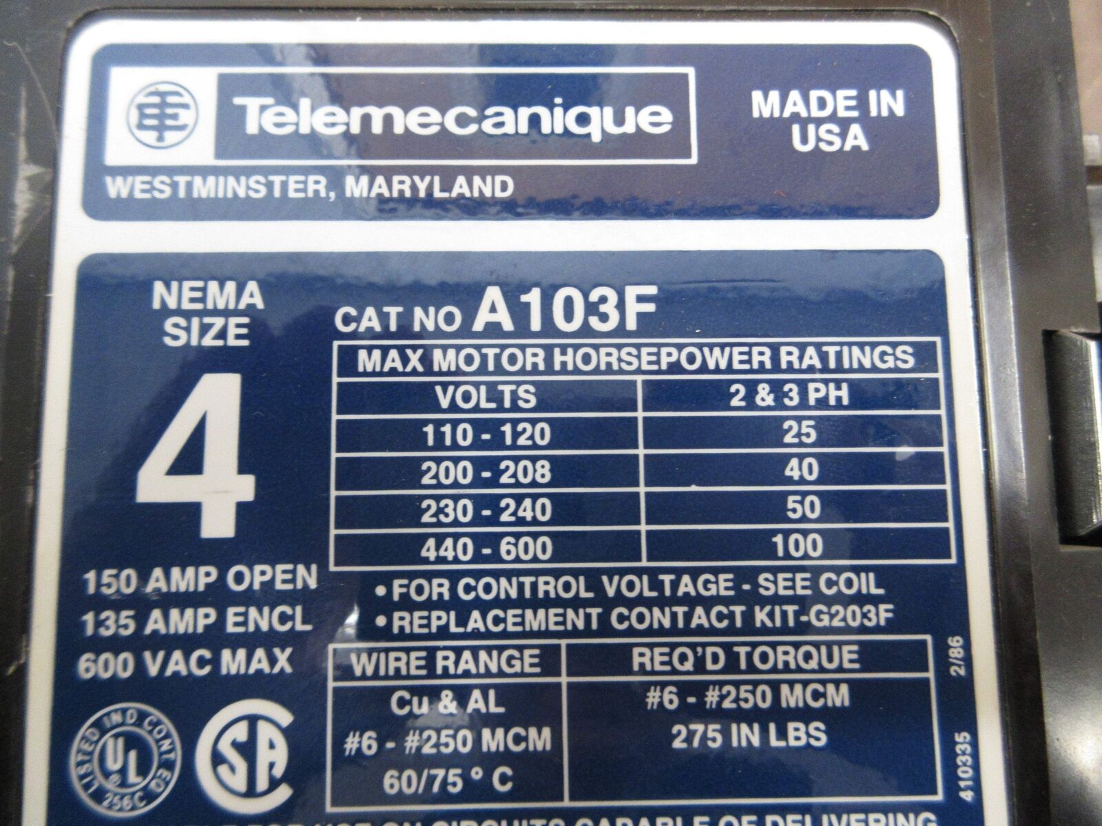 Telemecanique Size 4 Contactor A103F 480V Coil 150A 600V *Broken Corner* Used