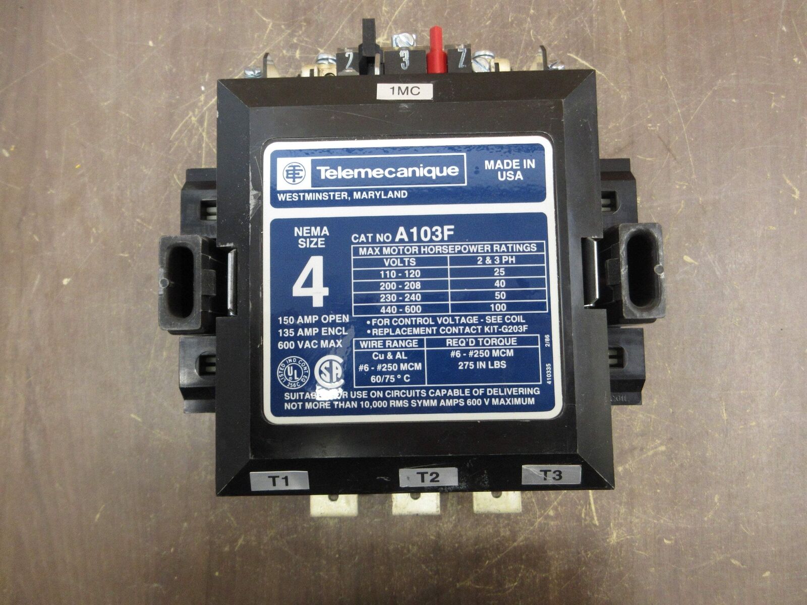 Telemecanique Size 4 Contactor A103F 480V Coil 150A 600V *Broken Corner* Used