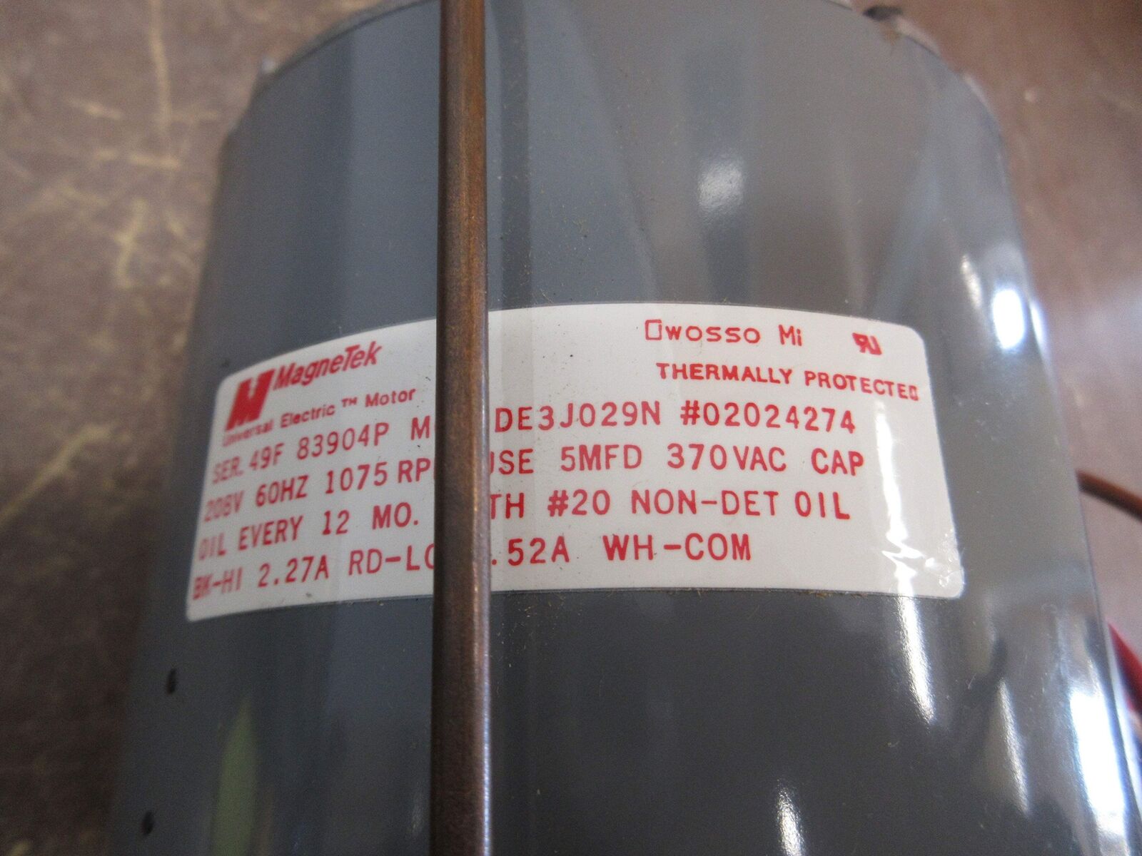 MagneTek Motor 02024274 1/4HP 1200RPM 208V 2.27A 60Hz New Surplus