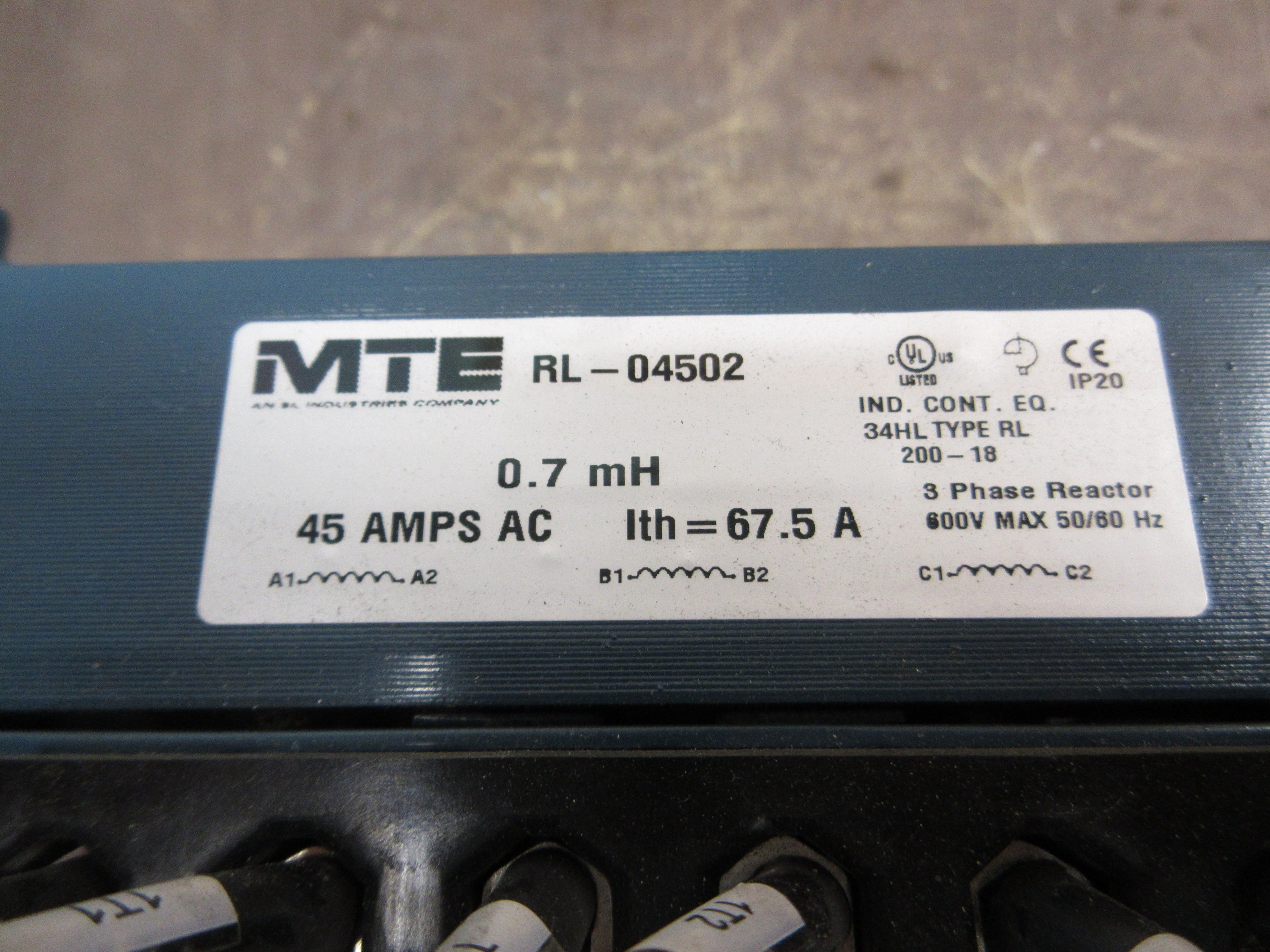 MTE 3Ph Line Reactor RL-04502 0.7mH 45A 600V 50/60Hz Used