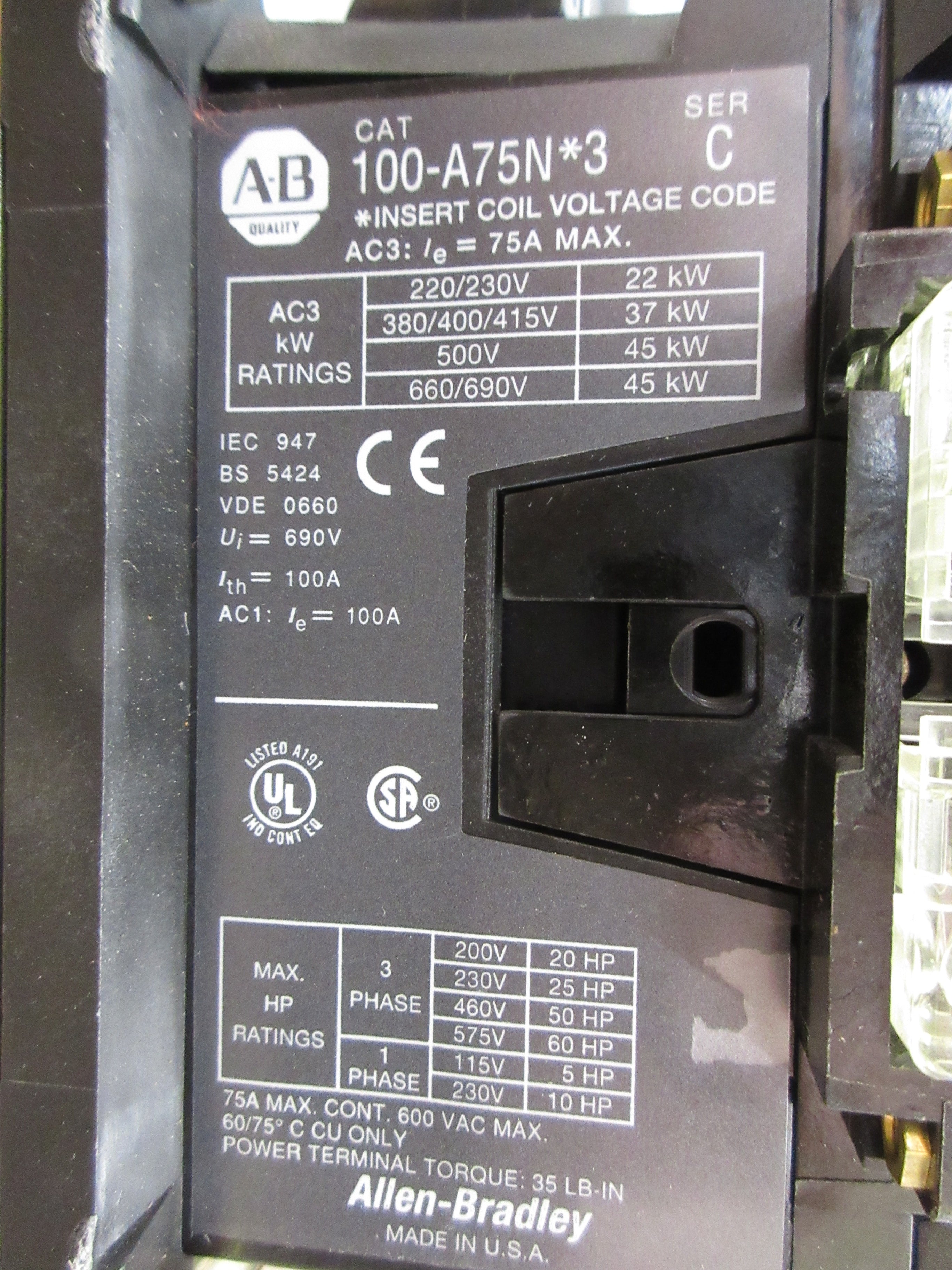 Allen-Bradley Reversing Starter 100-A75N*3 / 193-A2K3 120V Coil Trip: 23-75A