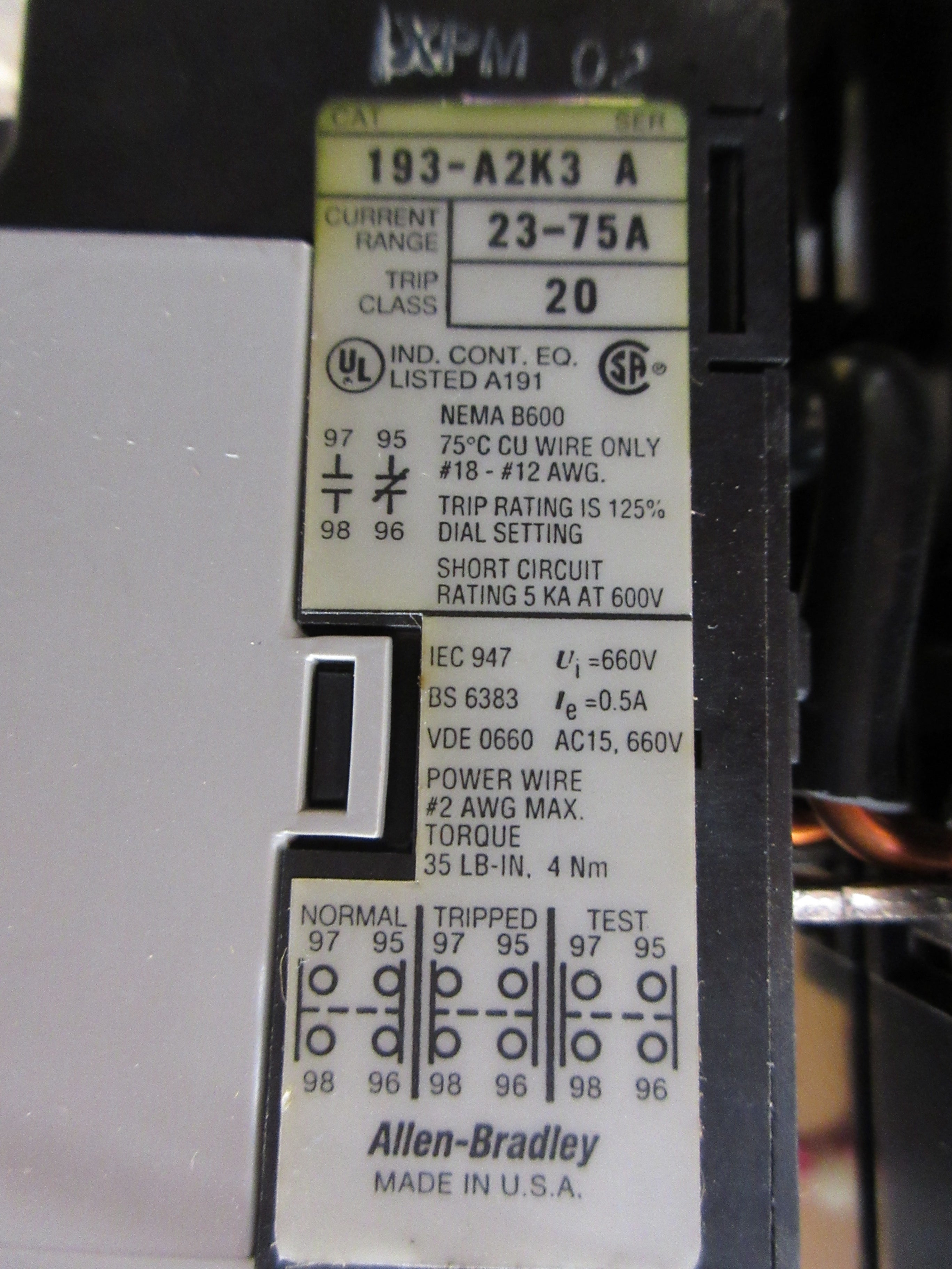 Allen-Bradley Reversing Starter 100-A75N*3 / 193-A2K3 120V Coil Trip: 23-75A