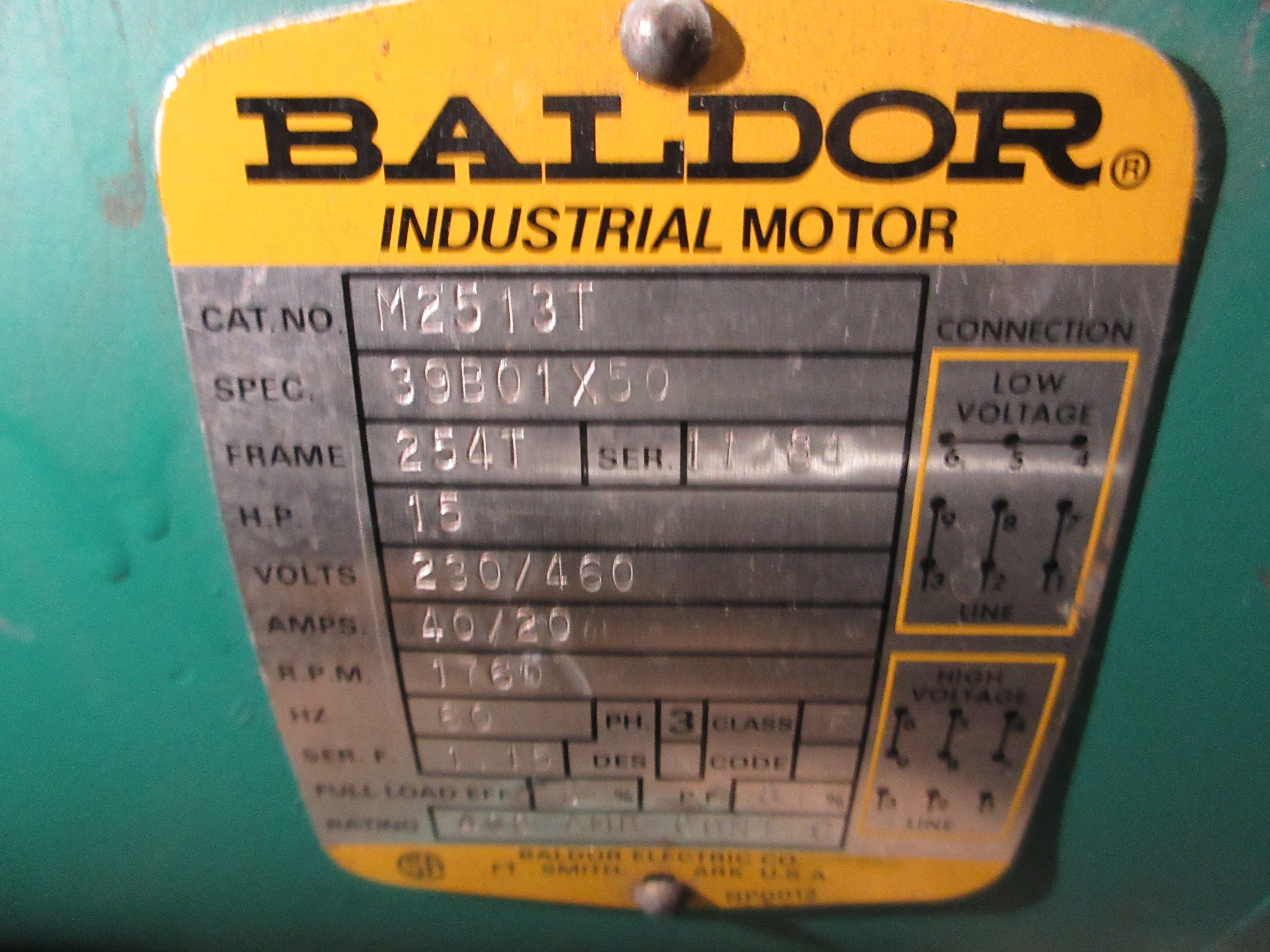 Baldor Motor M2513T 15HP 1800RPM 230/460V 40/20A 3Ph 60Hz Used