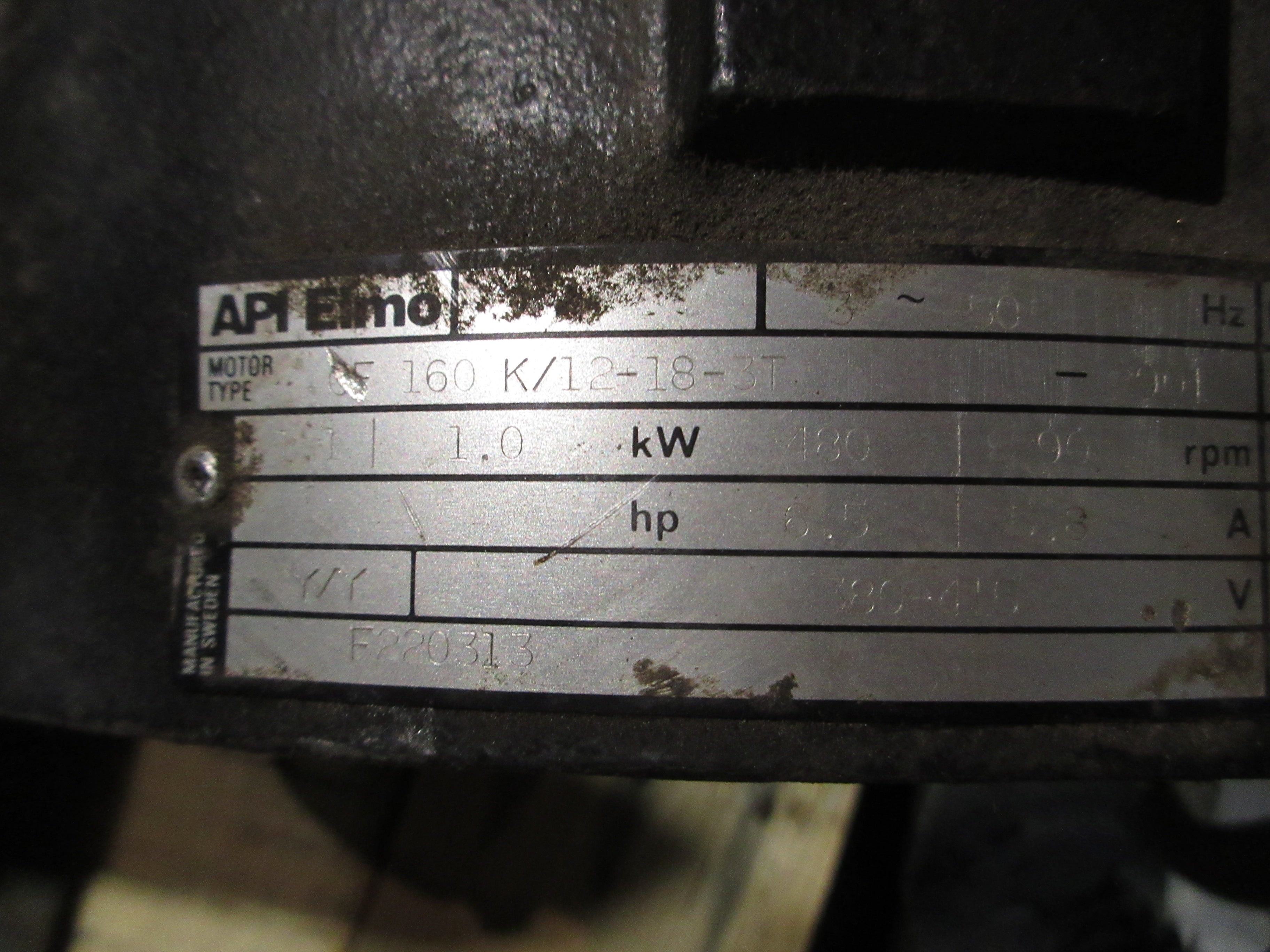API Eimo Drive Motor 0F 160 K/12-18-3T-2901 1kW 380-415V 6.5/5.8A Used