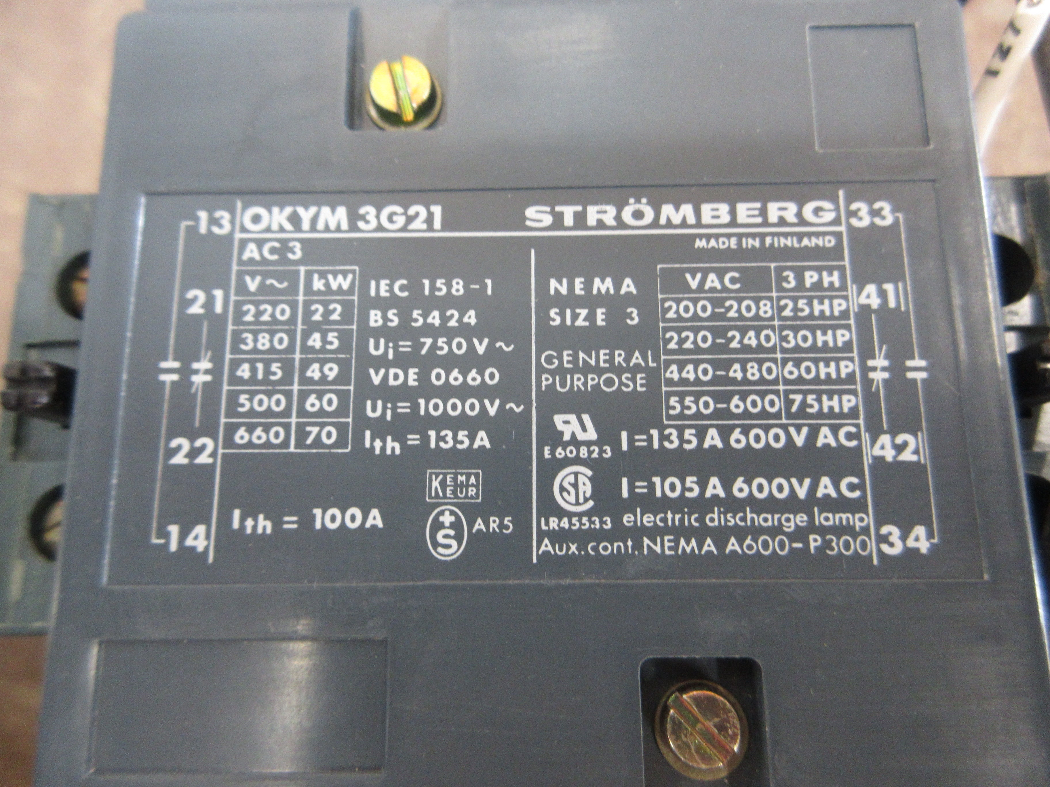 Stromberg Size 3 Contactor OKYM 3G21 125V Coil Used