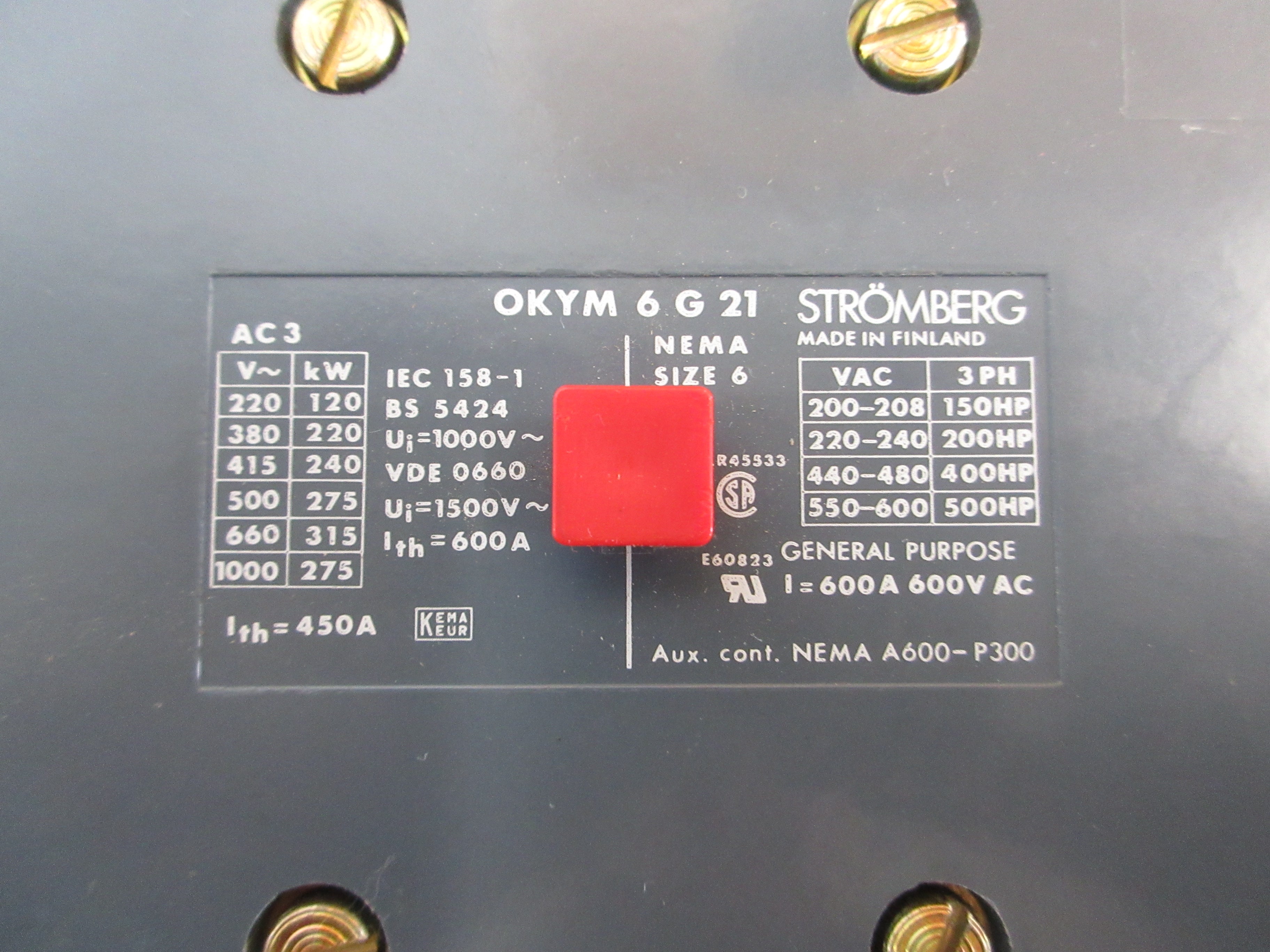 Stromberg Size 6 Contactor OKYM 6G21 125V Coil Used