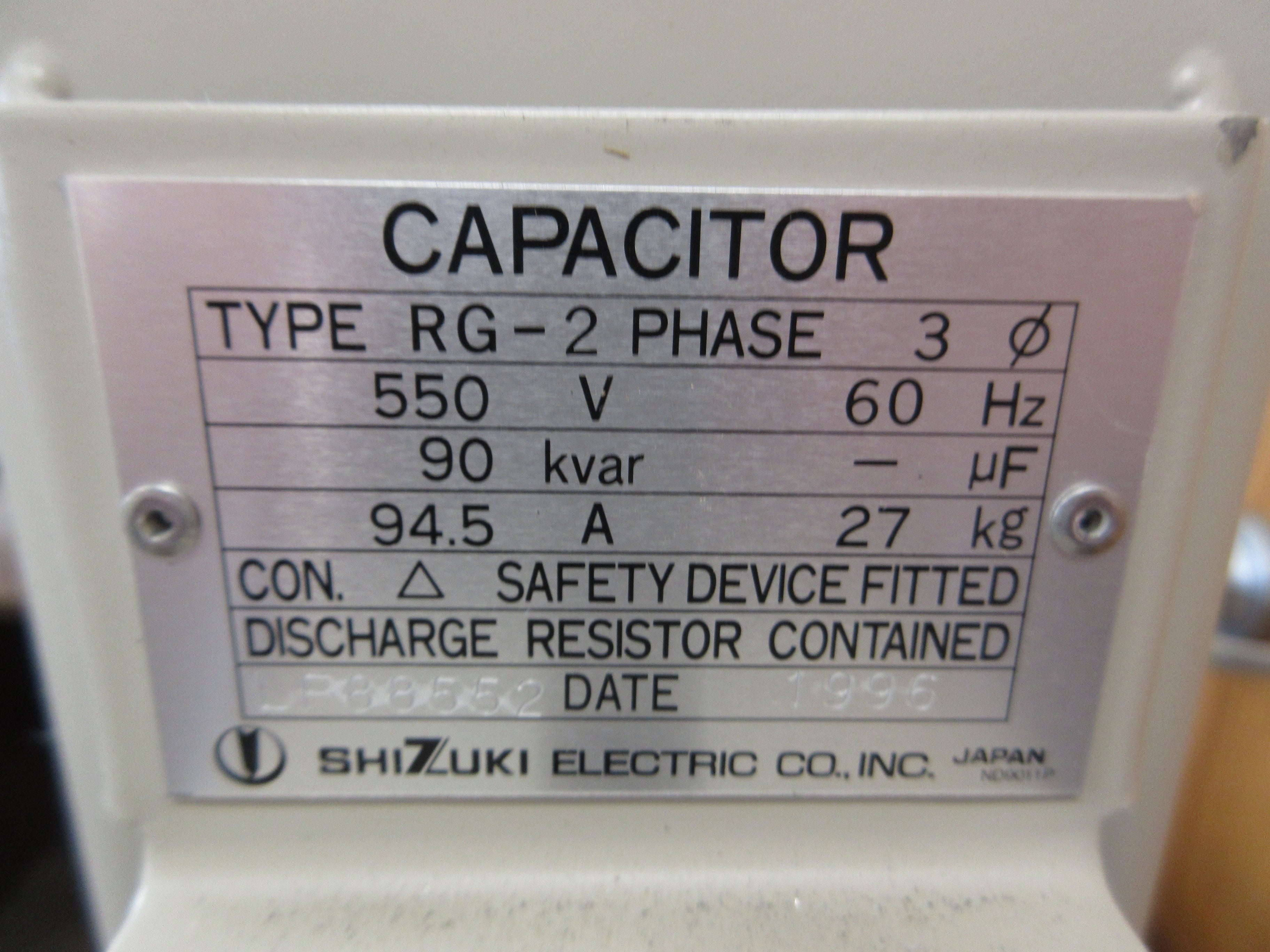 Shizuki Electric Capacitor RG-2 90kvar 550V 3Ph 60Hz Used