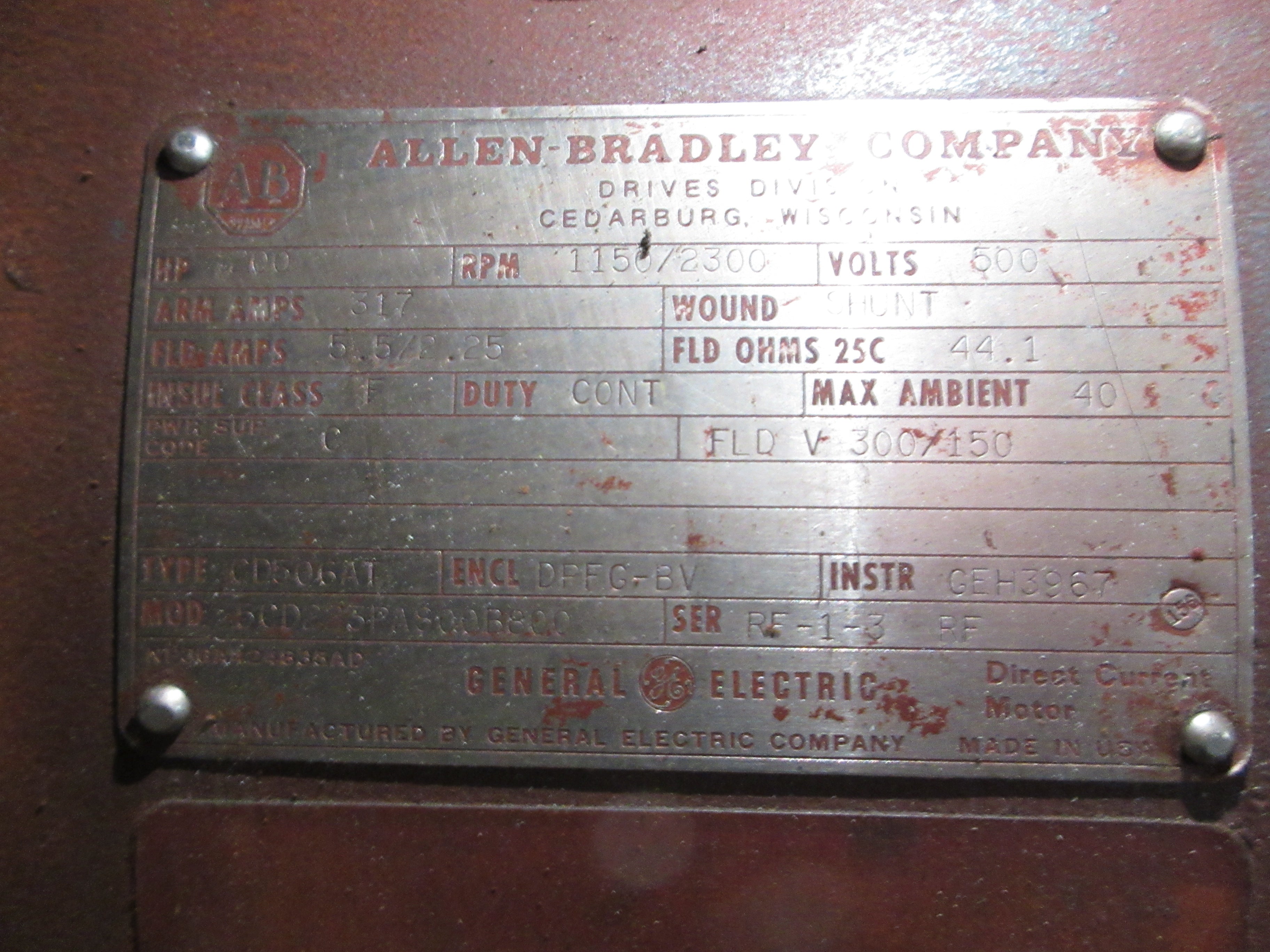 Allen-Bradley DC Motor Blower-Ventilated 5CD223PAS00B800 200HP 1150/2300RPM 500V