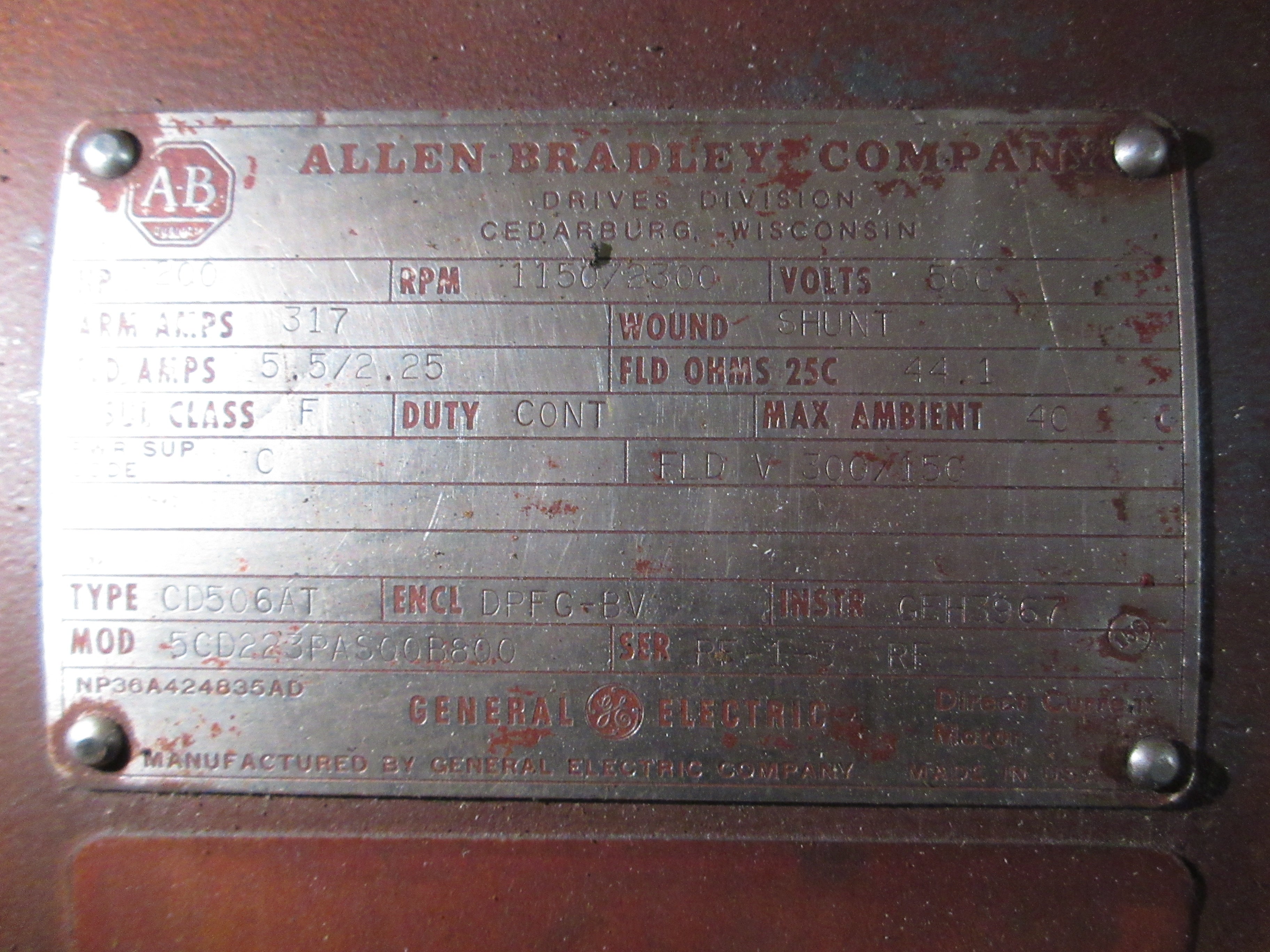 Allen-Bradley DC Motor Blower-Ventilated 5CD223PAS00B800 200HP 1150/2300RPM 500V