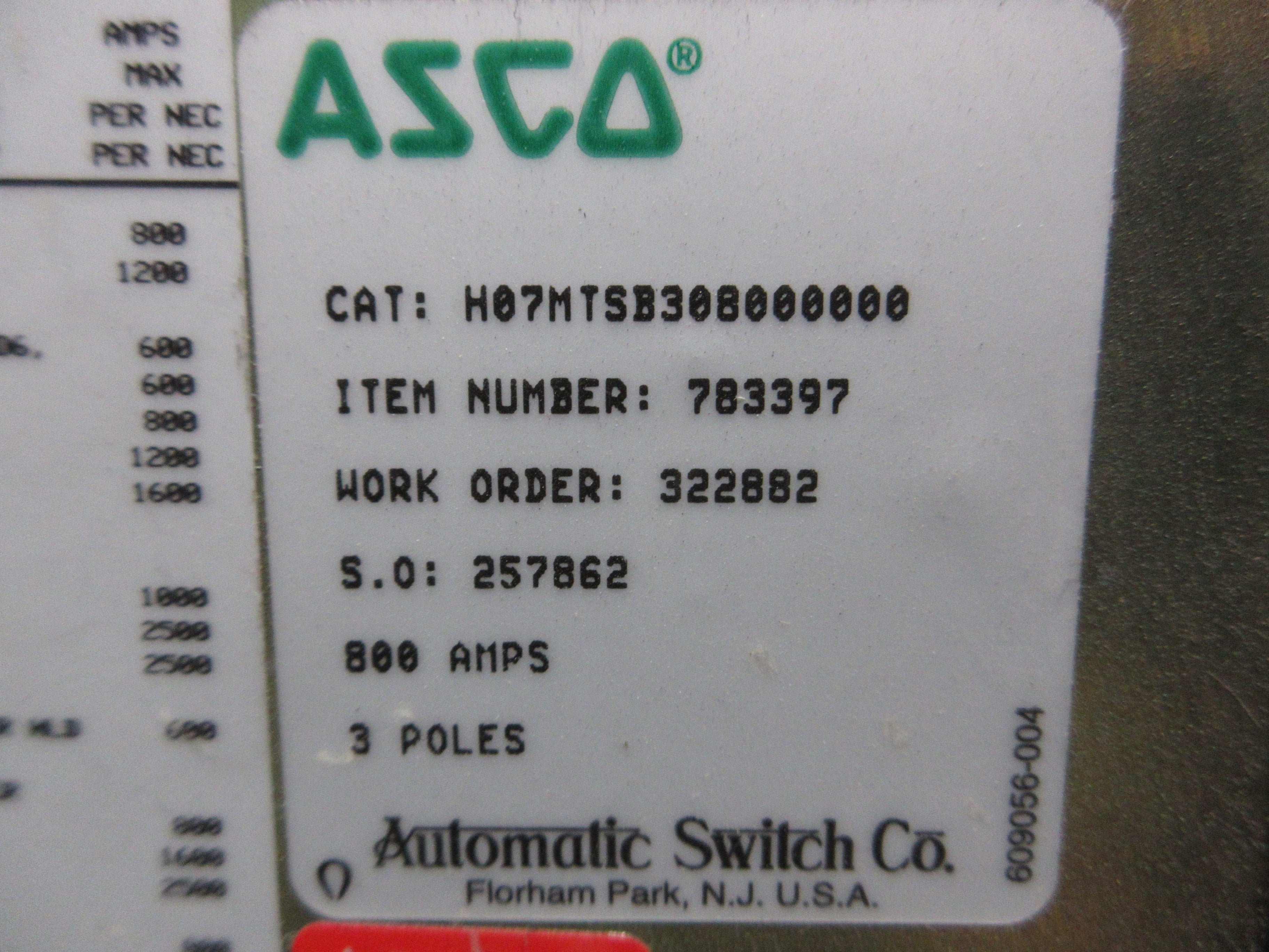 Asco 7000 Series Non-Automatic Transfer Switch H07MTSB308000000 800A 3P Used