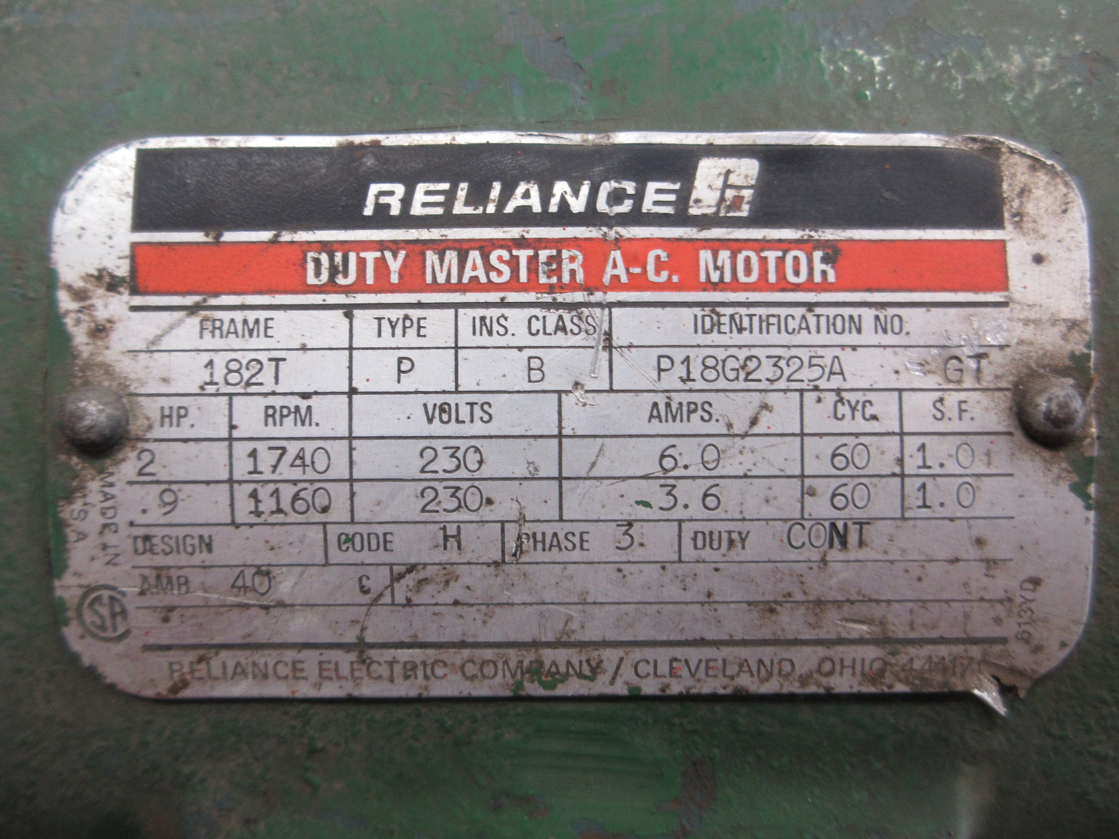 Reliance AC Motor P18G2325A GT 2HP 1800RPM 230V 6A 60Hz Used
