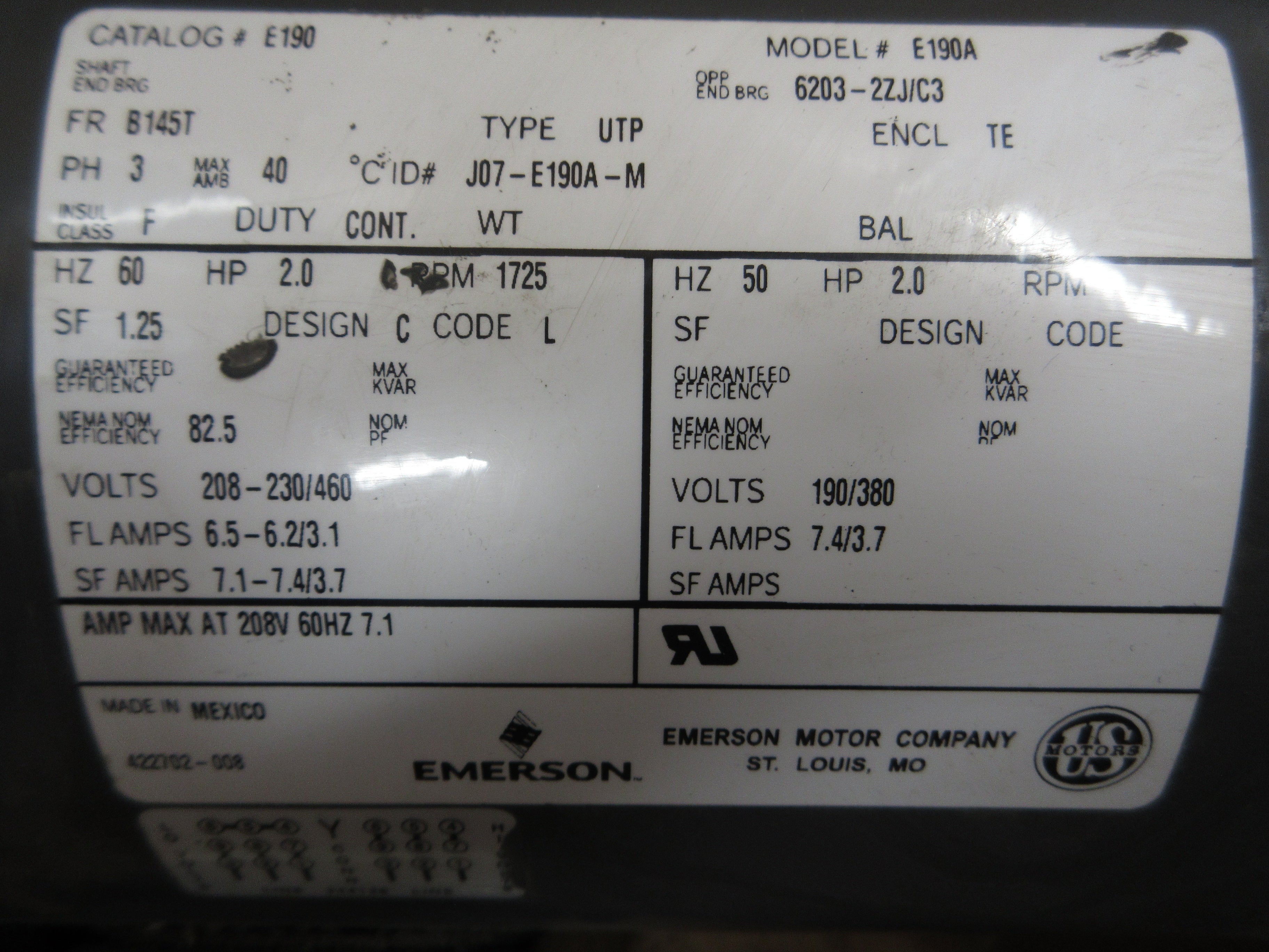 Emerson Gearmotor E190 2HP 1800RPM 208-230/460V 6.5-6.2/3.1A 60Hz 3Ph Used