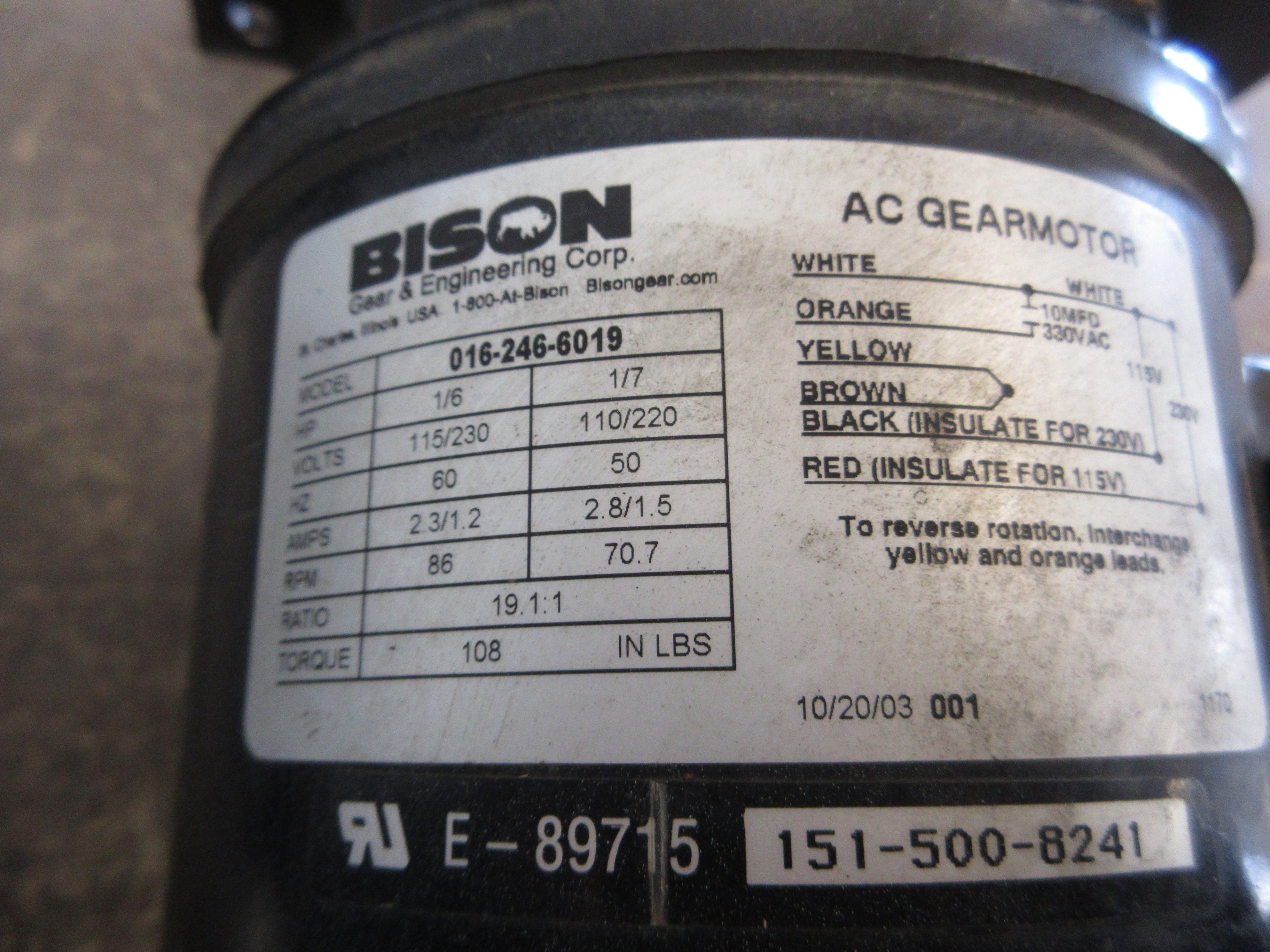 Bison Gearmotor 016-246-6019 1/6HP 115/230V 60Hz 2.3/1.2A 86RPM Used