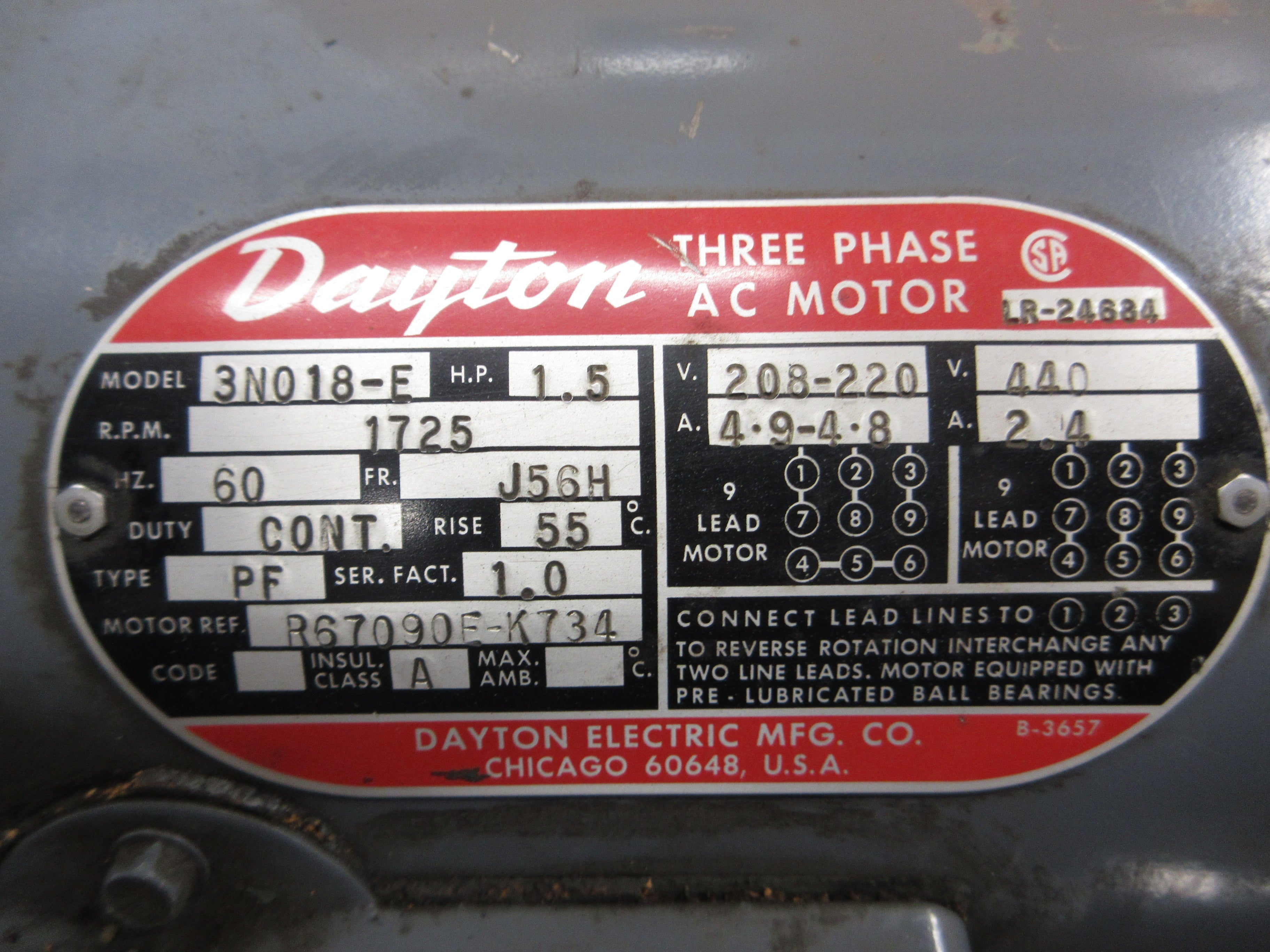 Dayton Motor 3N018-E 1.5HP 1800RPM 208-220/440V 4.9-4.8/2.4A 60Hz Frame: J56H
