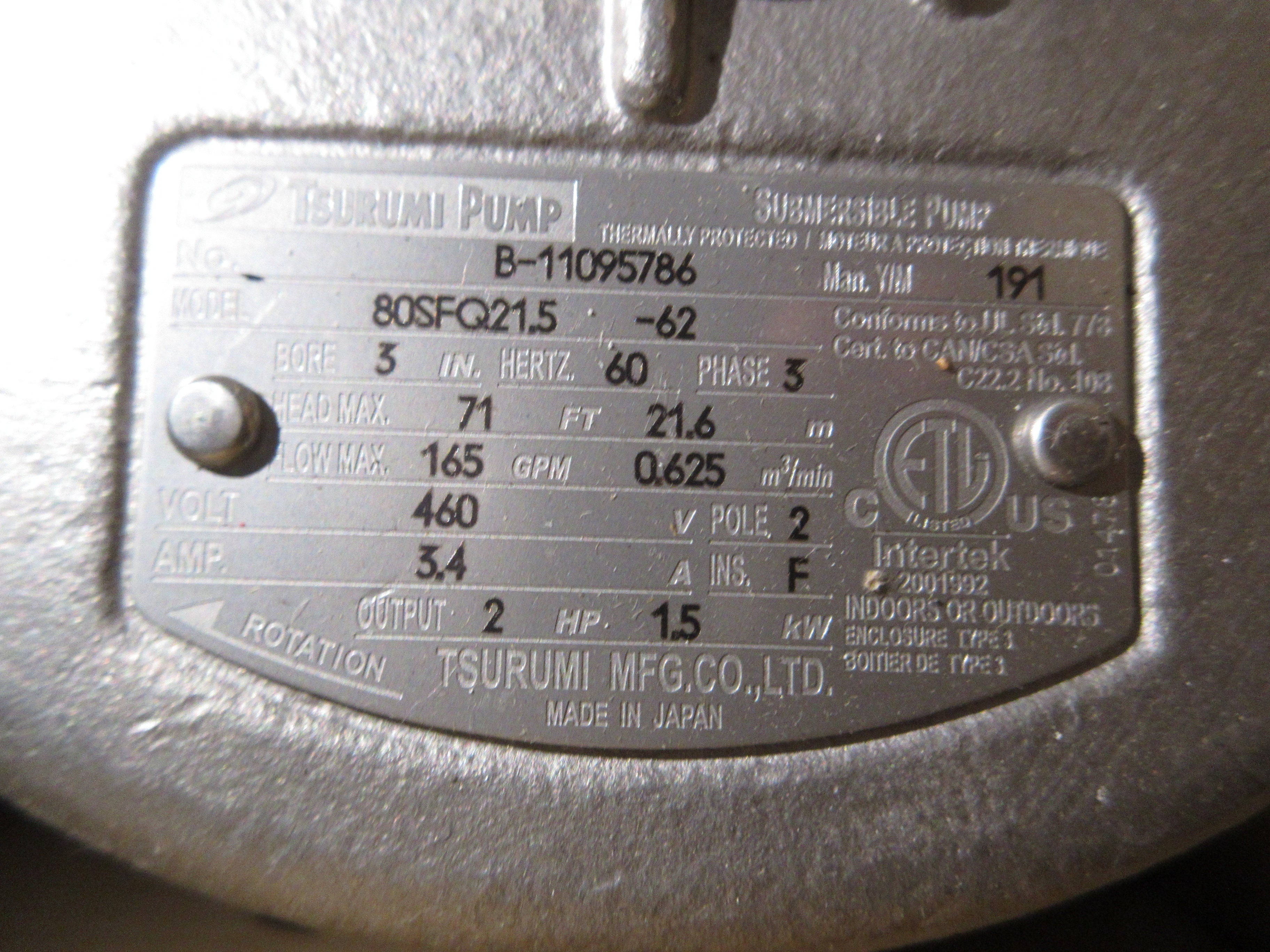 Tsurumi Submersible Pump 80SFQ21.5-62 2HP 460V 60Hz 3Ph 71ft Head 165GPM