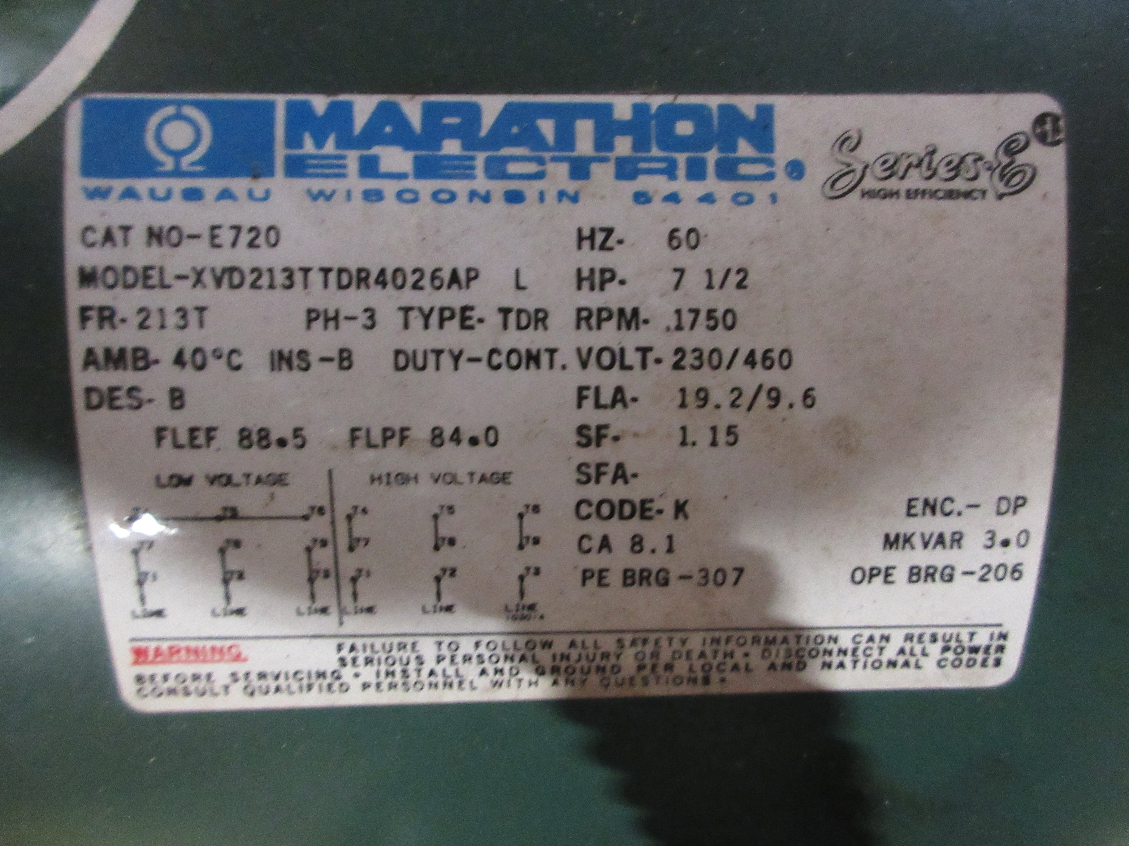 Marathon Electric Motor E720 7.5HP 1800RPM 230/460V 19.2/9.6A 3Ph 60Hz Used