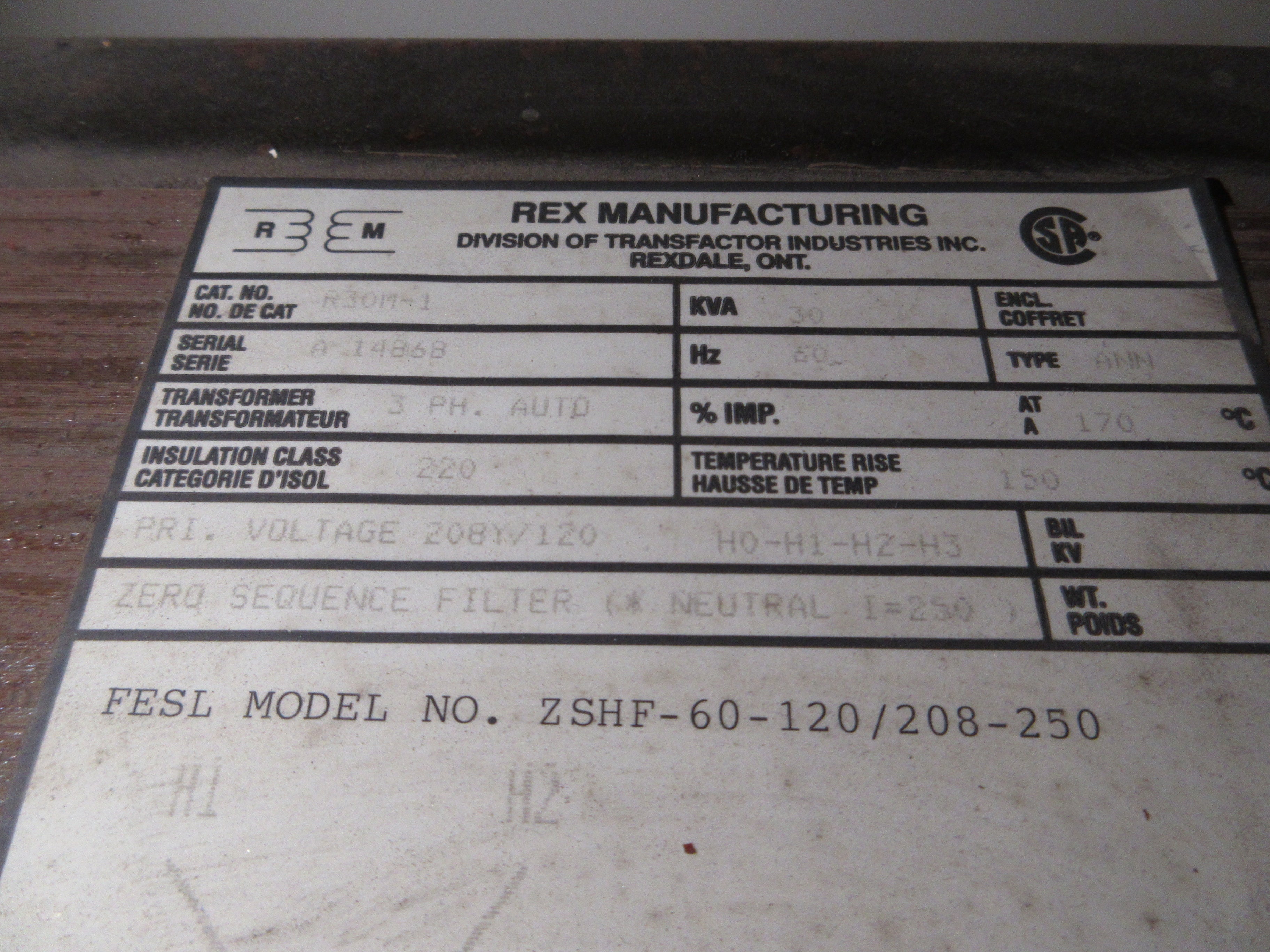 FESL Zero Sequence Harmonic Filter ZSHF-60-120/208-250 30kVA Pri: 208Y/120V Used