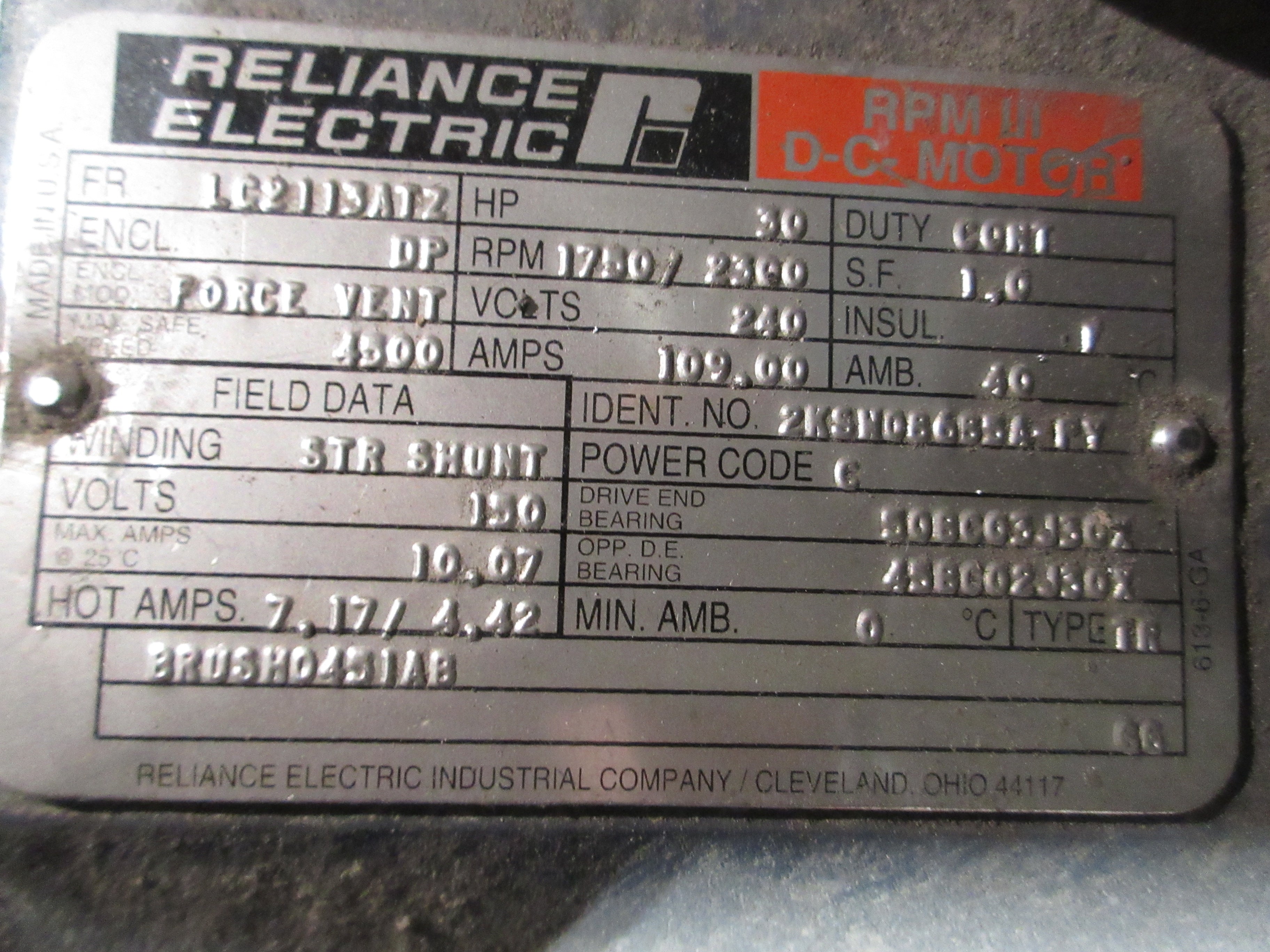 Reliance Electric DC Motor 2KSH08685A-PY 30HP 1800/2400RPM 240V 109A Used