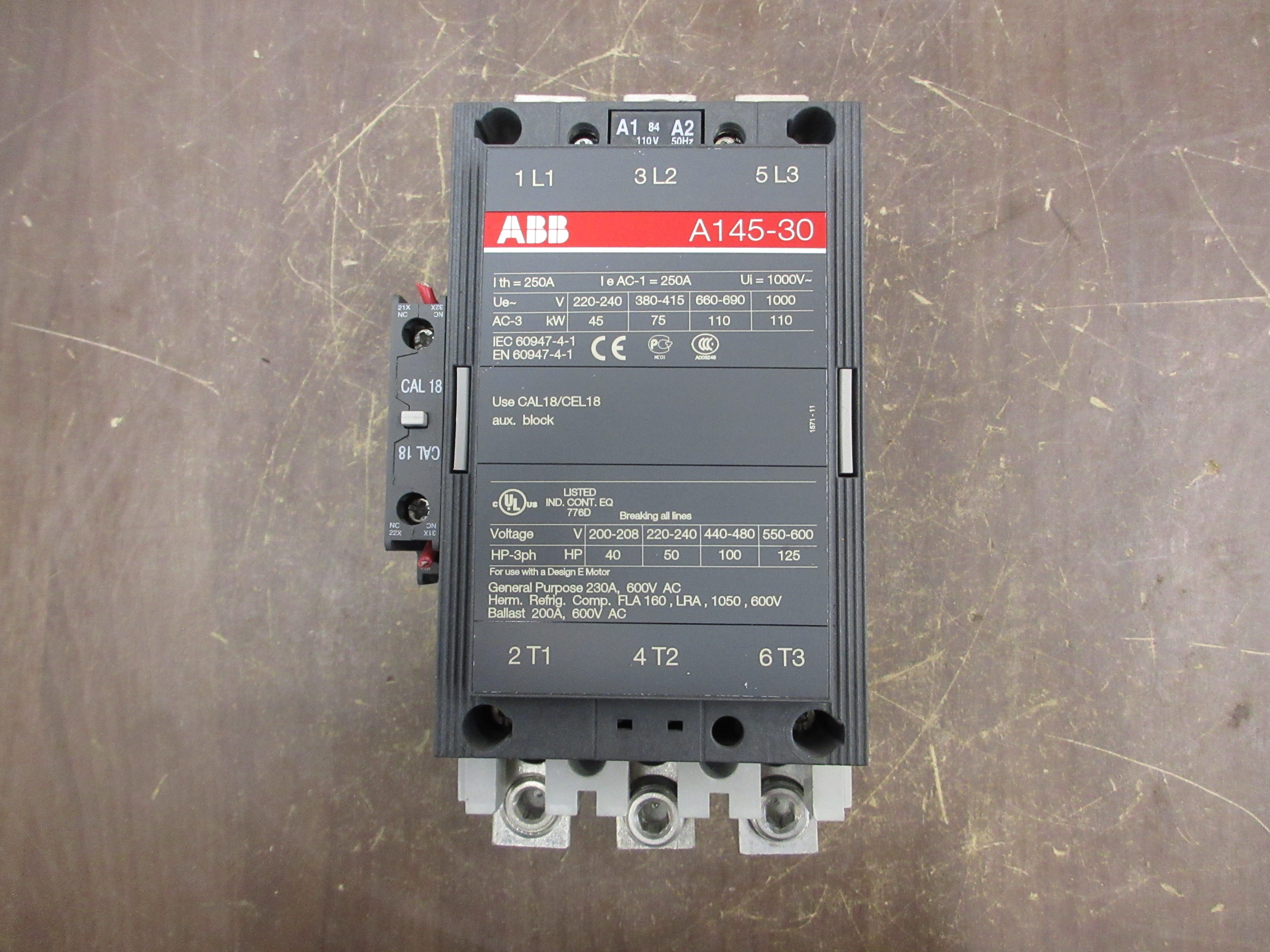 ABB Contactor A145-30 110-120V Coil 230A 600V (1) Aux Contact Used