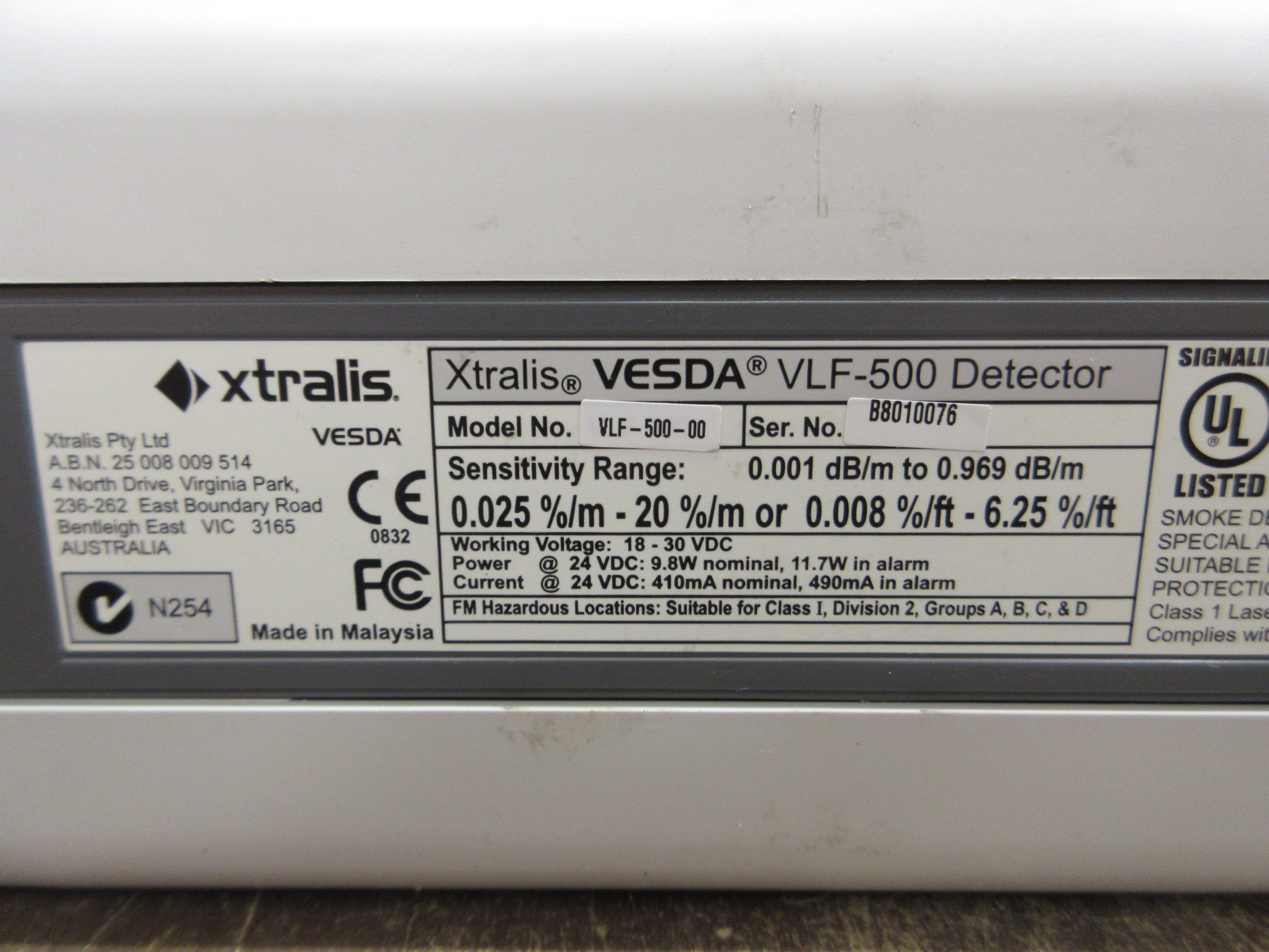 Xtralis Vesda VLF-500 Detector VLF-500-00 18-30VDC Used