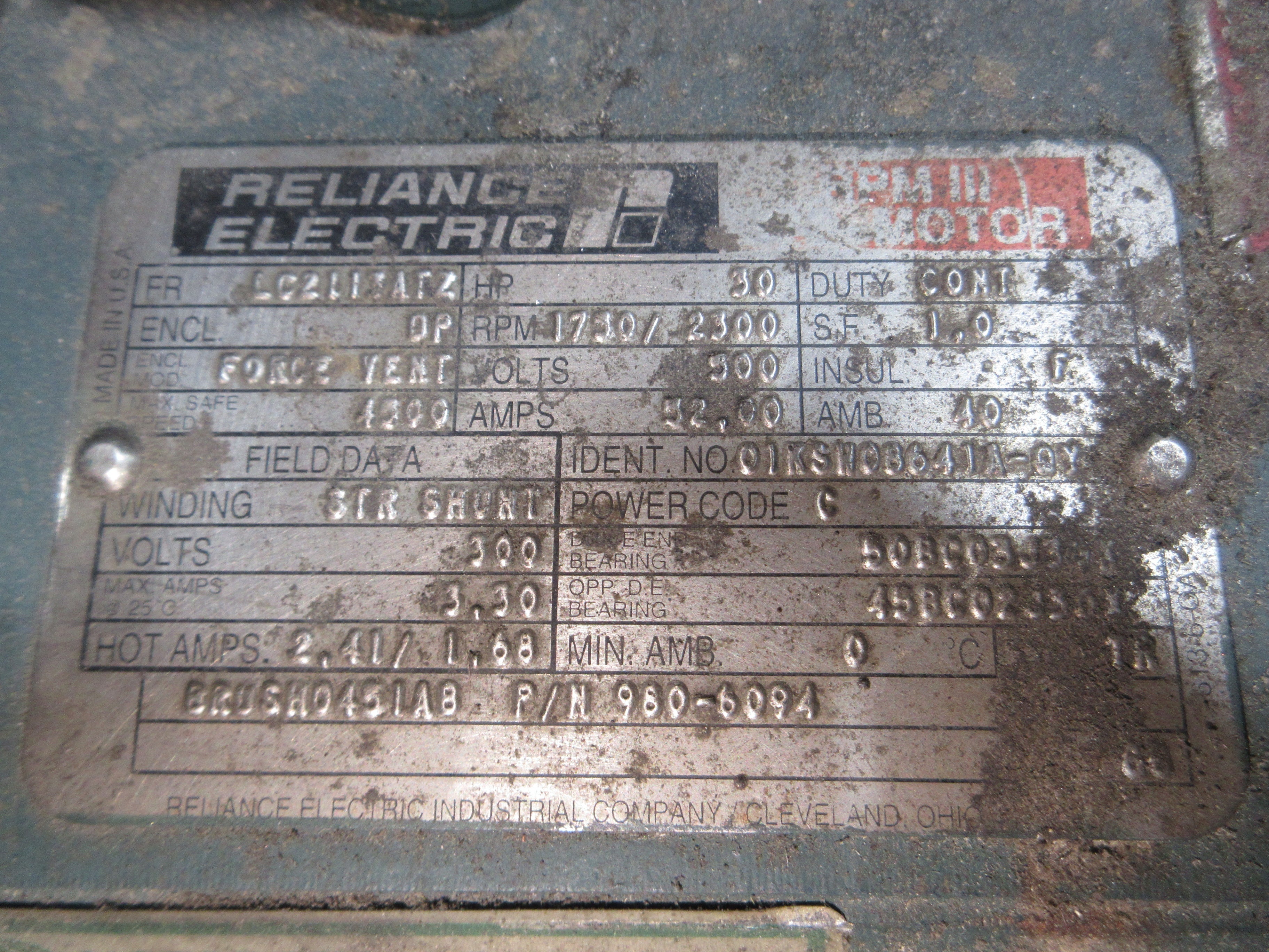 Reliance Electric DC Motor 01KSN08641A-0X 30HP 1800/2400RPM 500V 52A Used