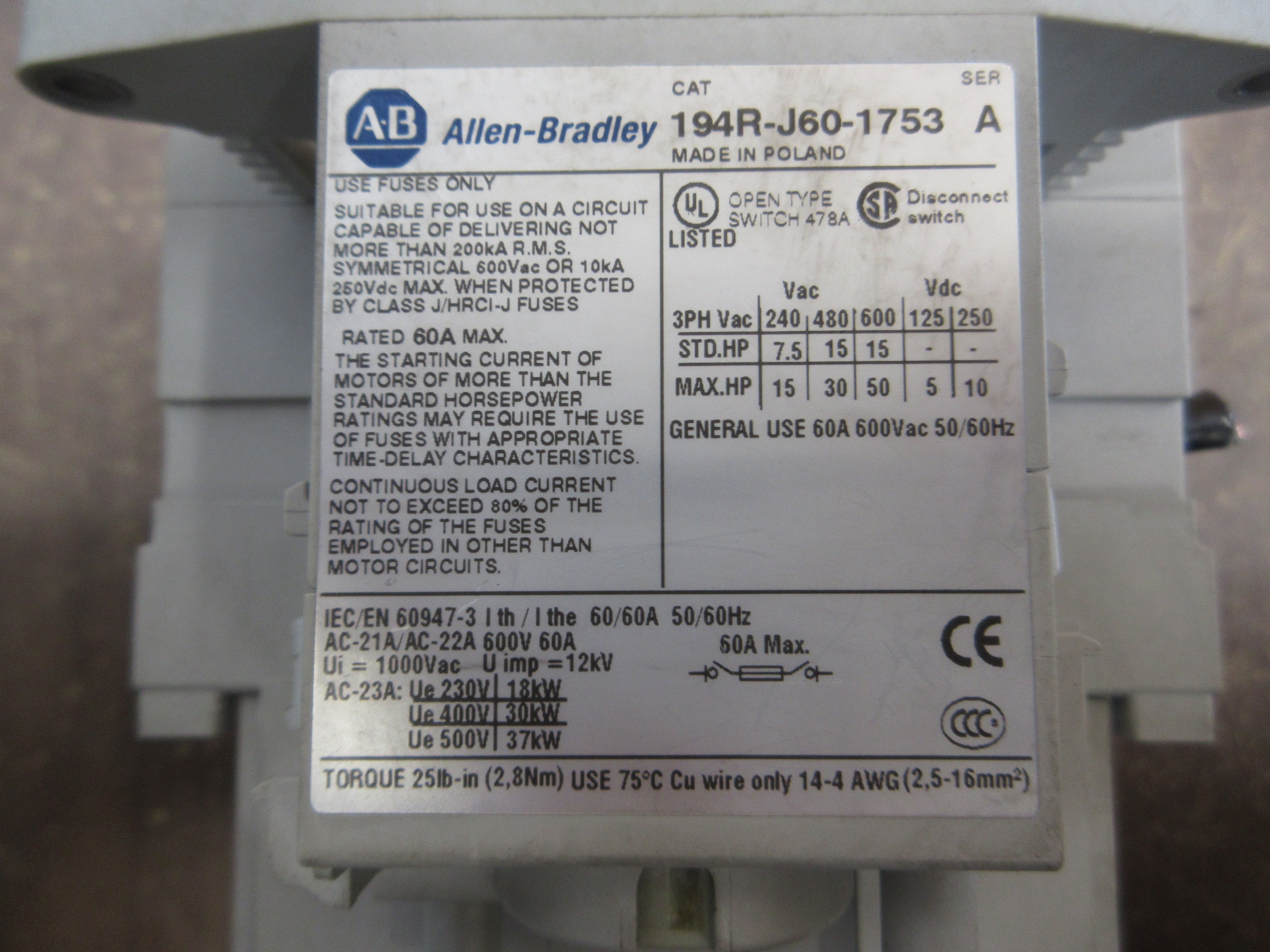 Allen-Bradley Fusible Disconnect Switch 194R-J60-1753 Ser. A 60A 600V 3P Used