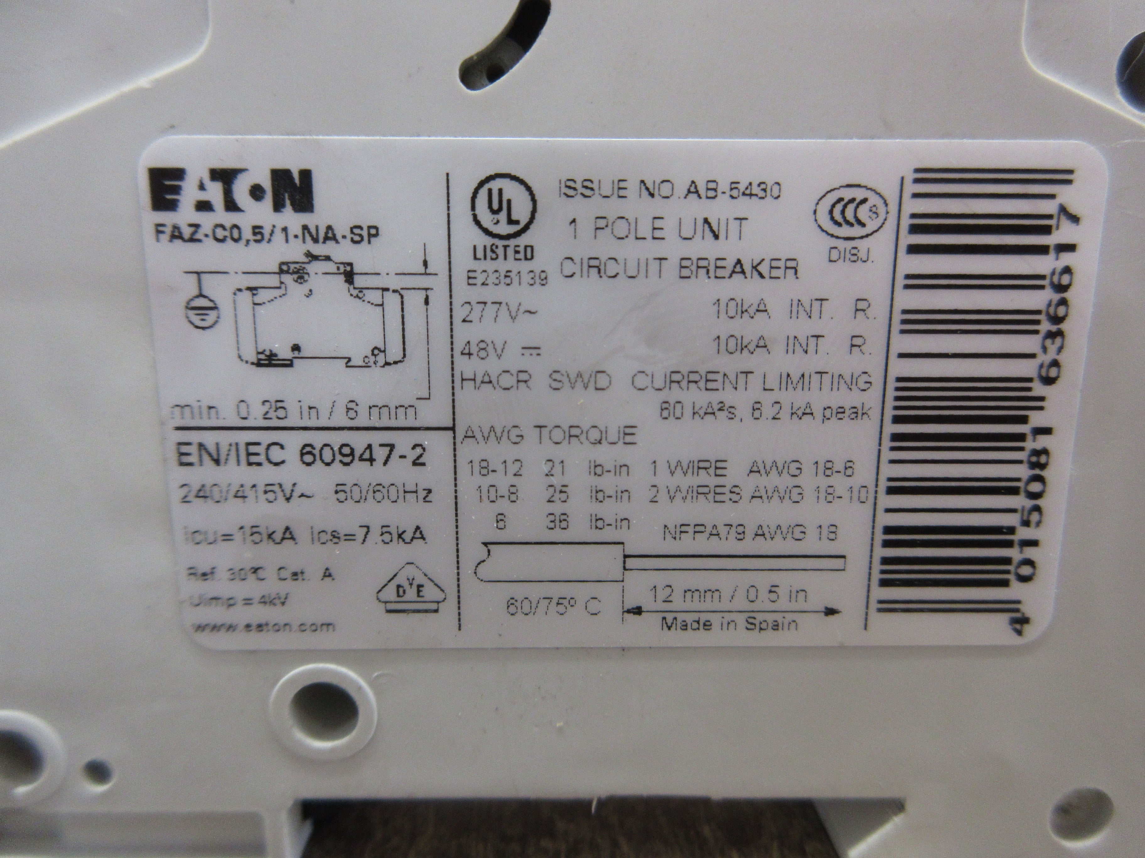 Eaton Circuit Breaker FAZ-C0.5/1-NA-SP 5A 277V 1P Used