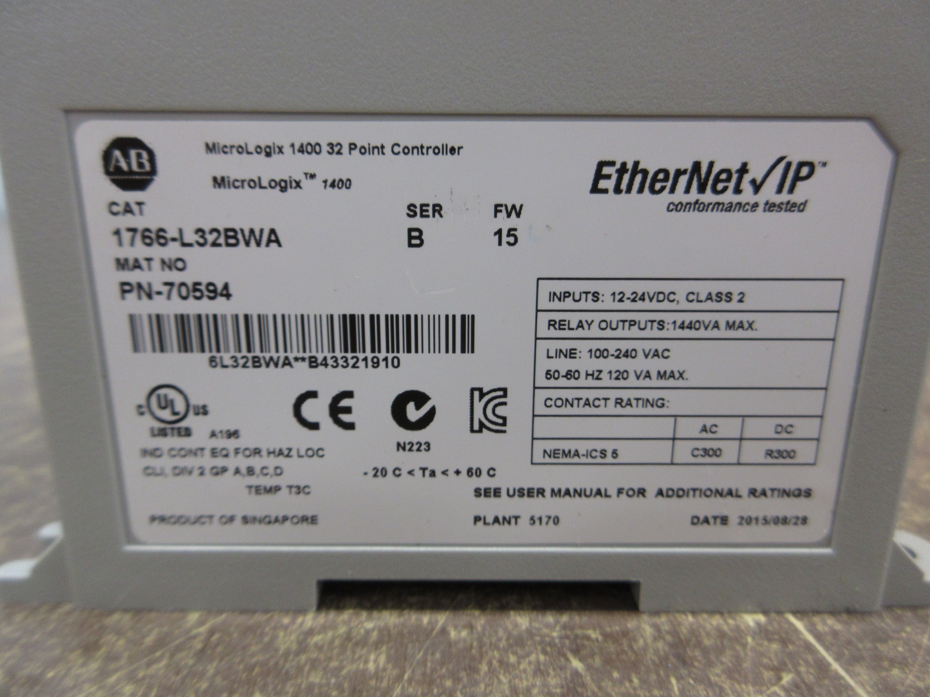 Allen-Bradley MicroLogix 1400 Controller 1766-L32BWA Ser. B FW: 15 32PT Used