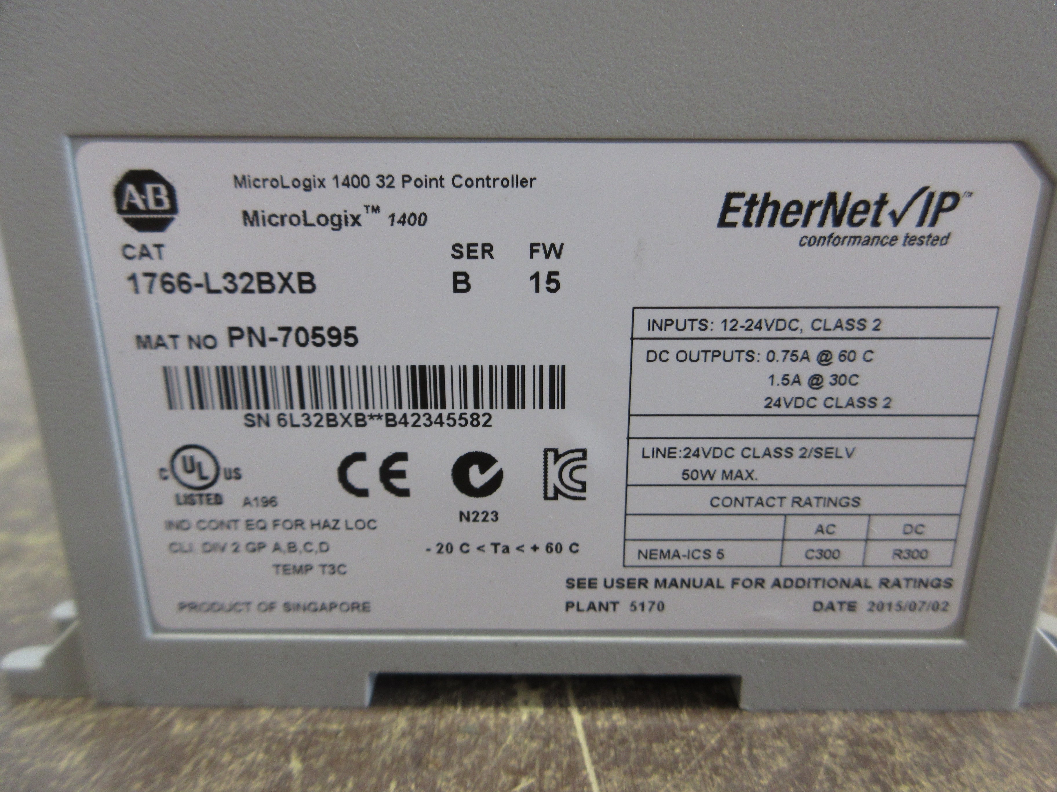 Allen-Bradley MicroLogix 1400 Controller 1766-L32BXB Ser. B FRN. 15 Used