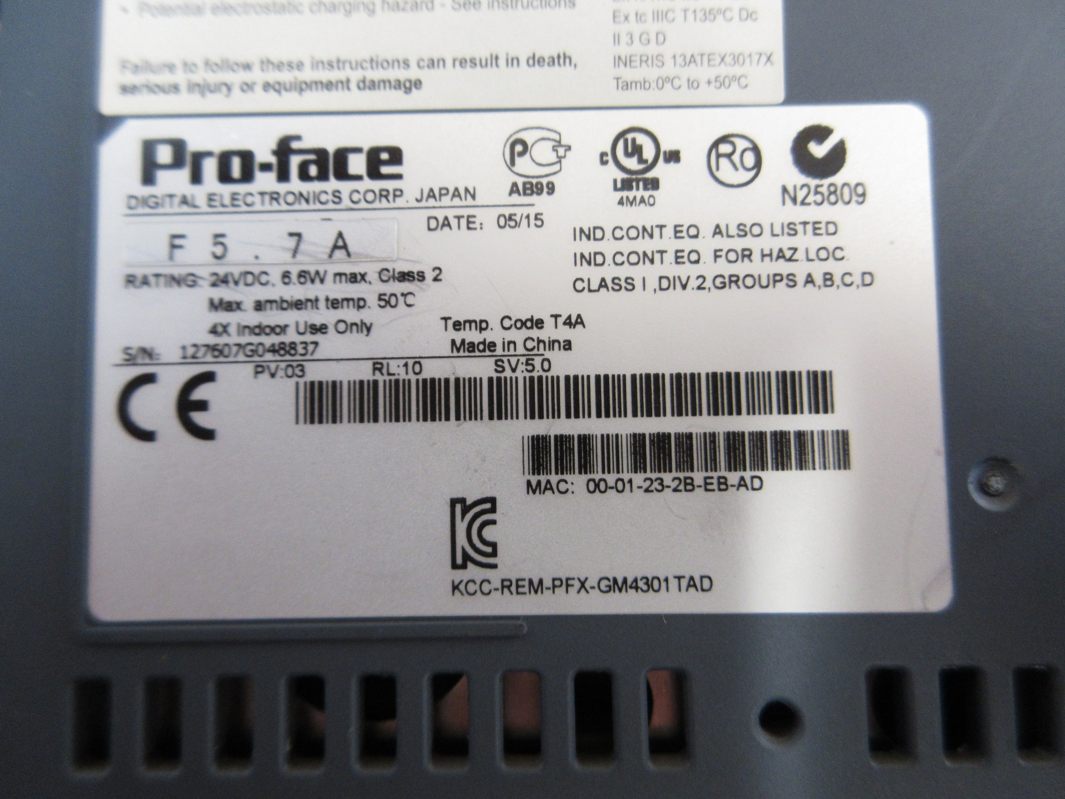 Pro-Face F5.7A Controller PFXGM4301TAD 24VDC Used
