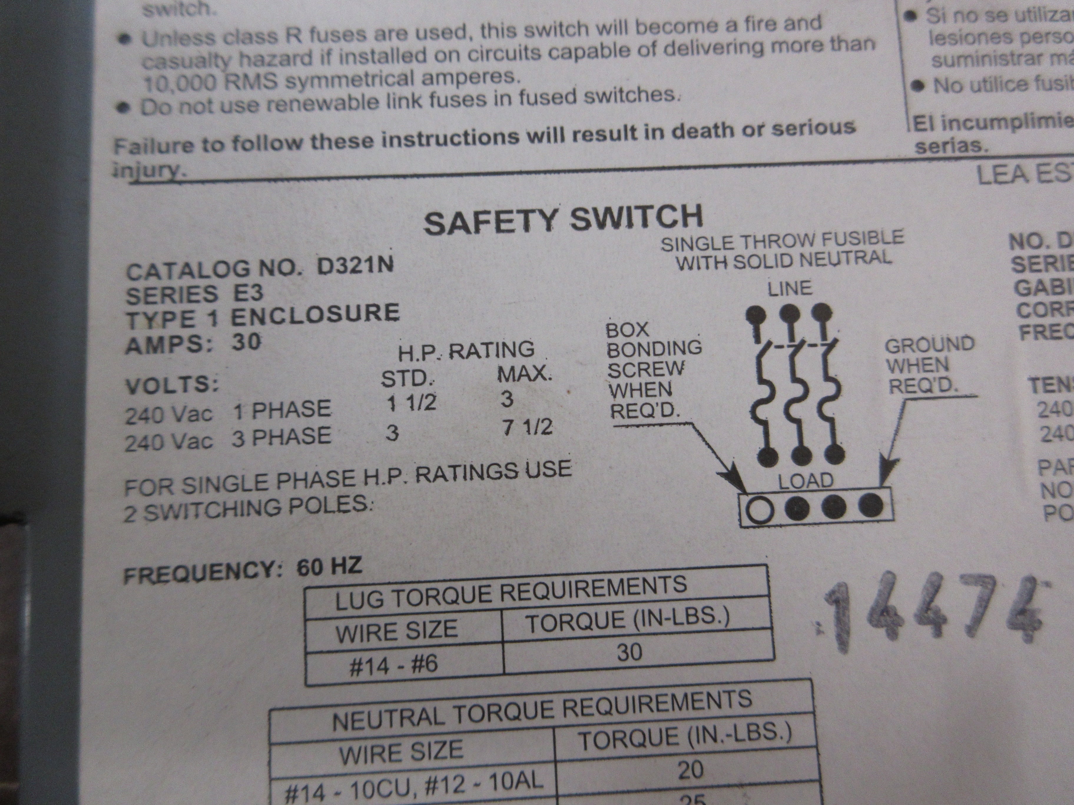 Square D Fusible Safety Switch / Disconnect D321N Ser. E3 30A 240V 3P Used