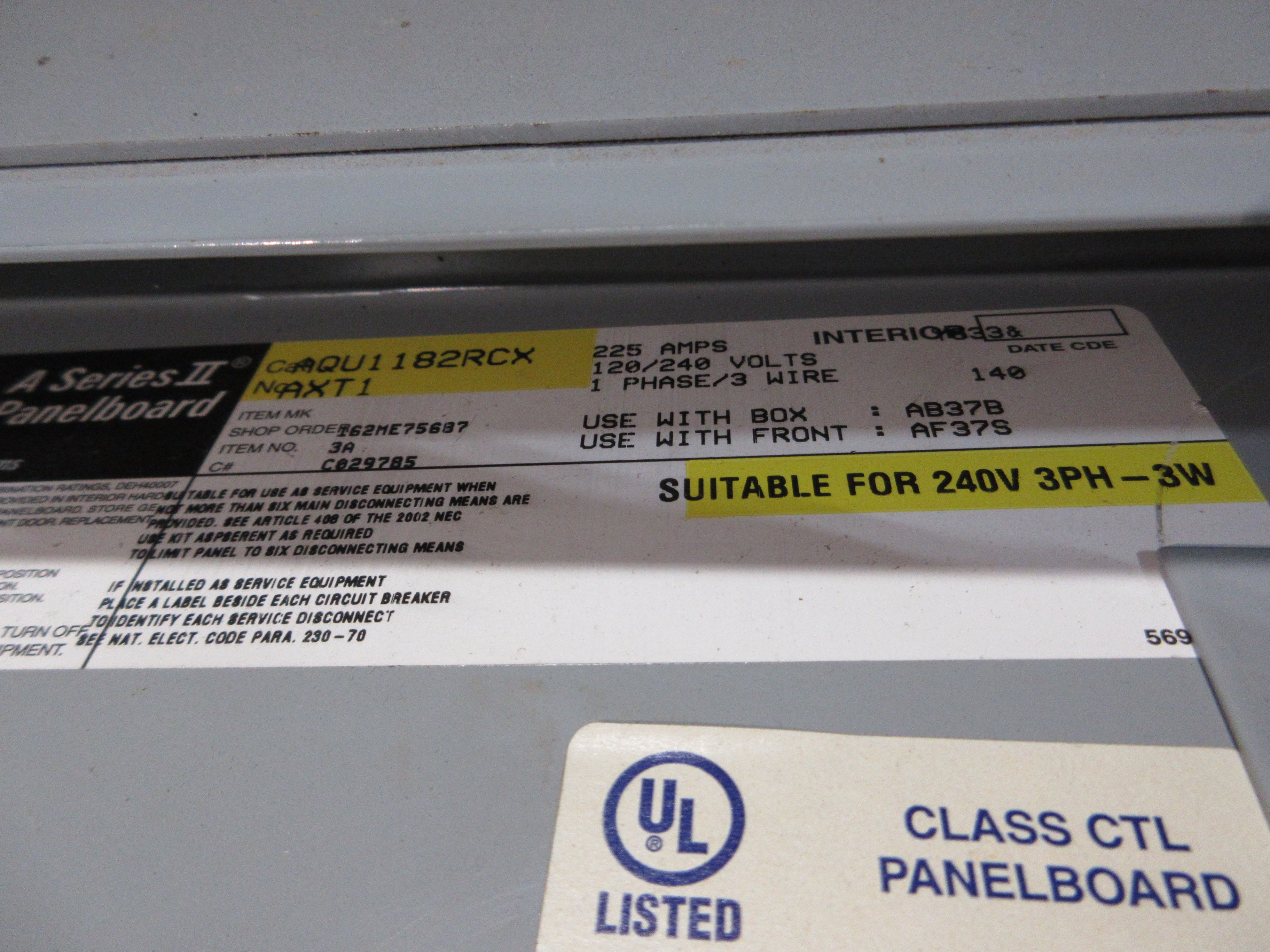 GE Main Lug Breaker Panel AQU1182RCX AXT1 225A Max 120/240V 1Ph 3W 18-Slot Used