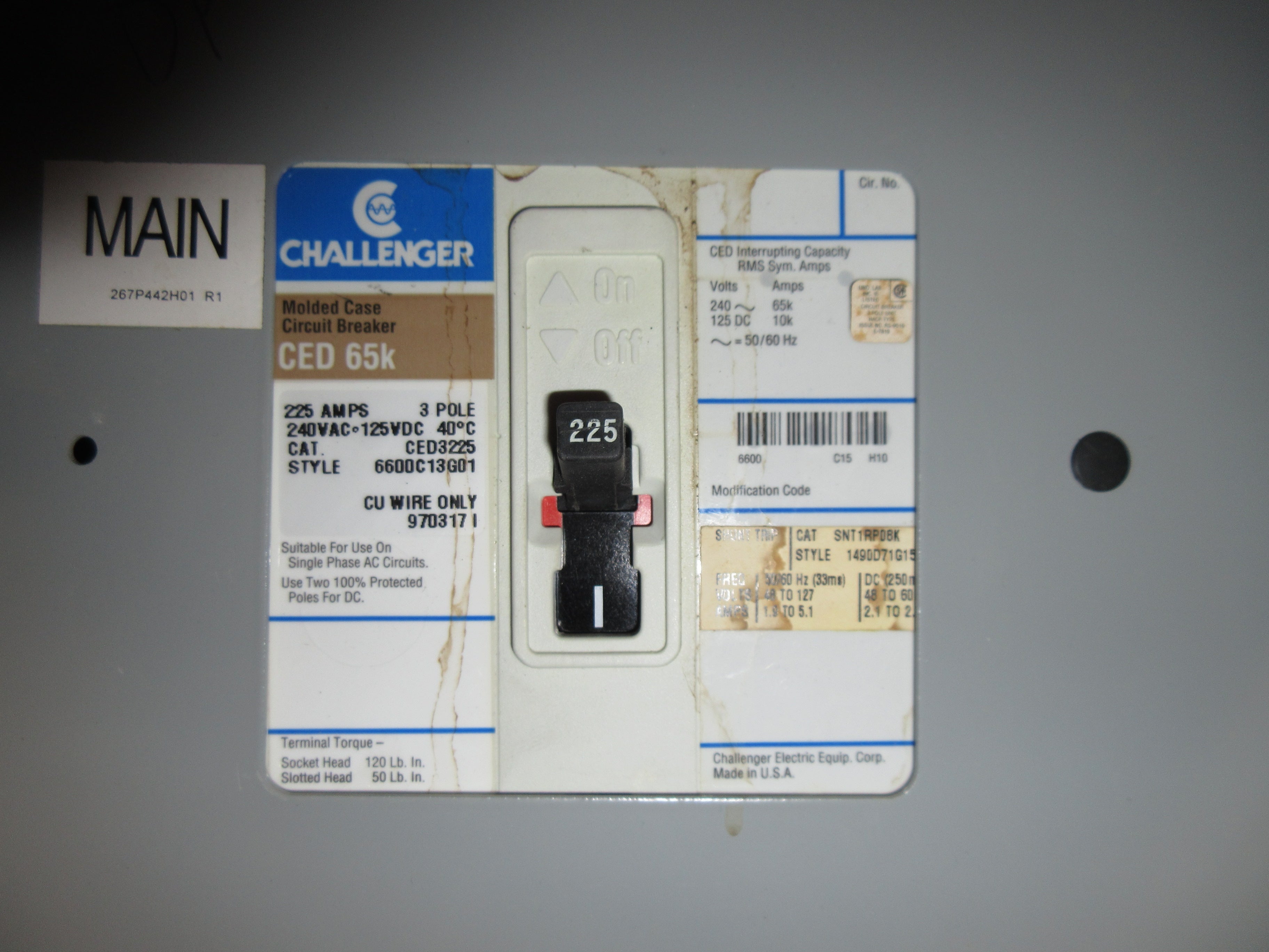 Eaton Main Breaker Circuit Breaker Panel IC96649G02 225A Max 208Y/120 225A Main