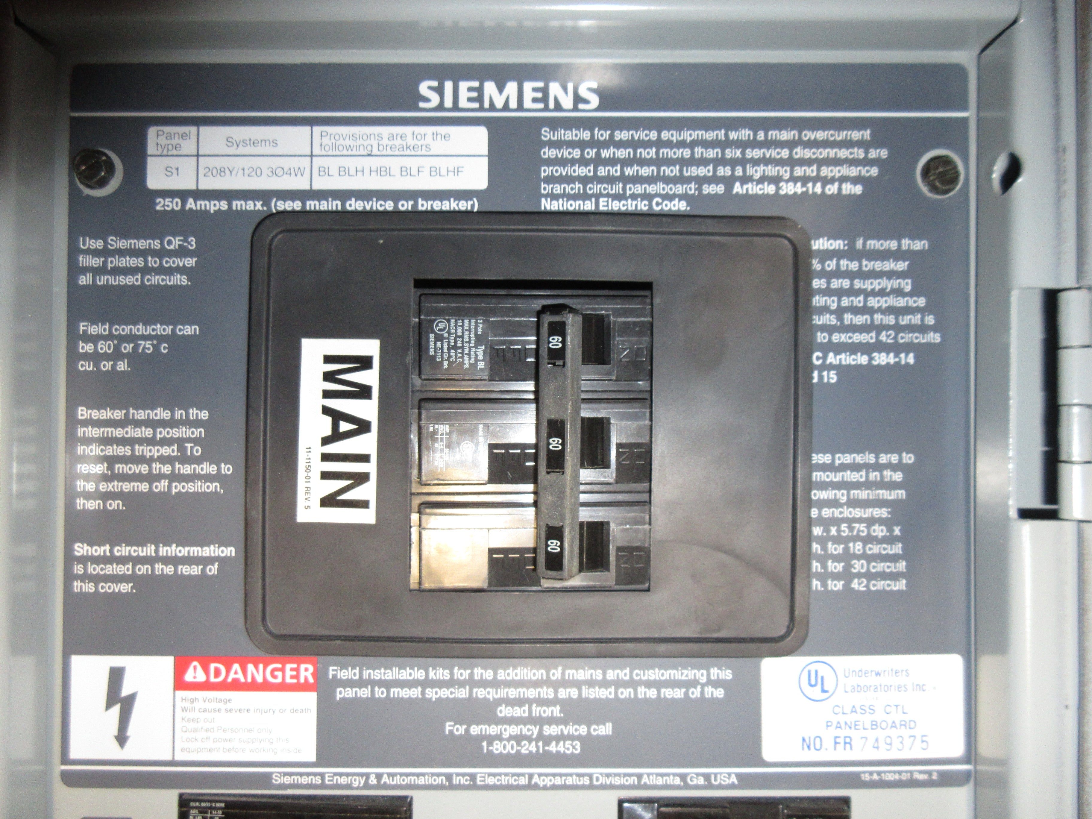 Siemens Main Breaker Circuit Breaker Panel S1C30BL060CTS 250A Max 208Y/120V Used