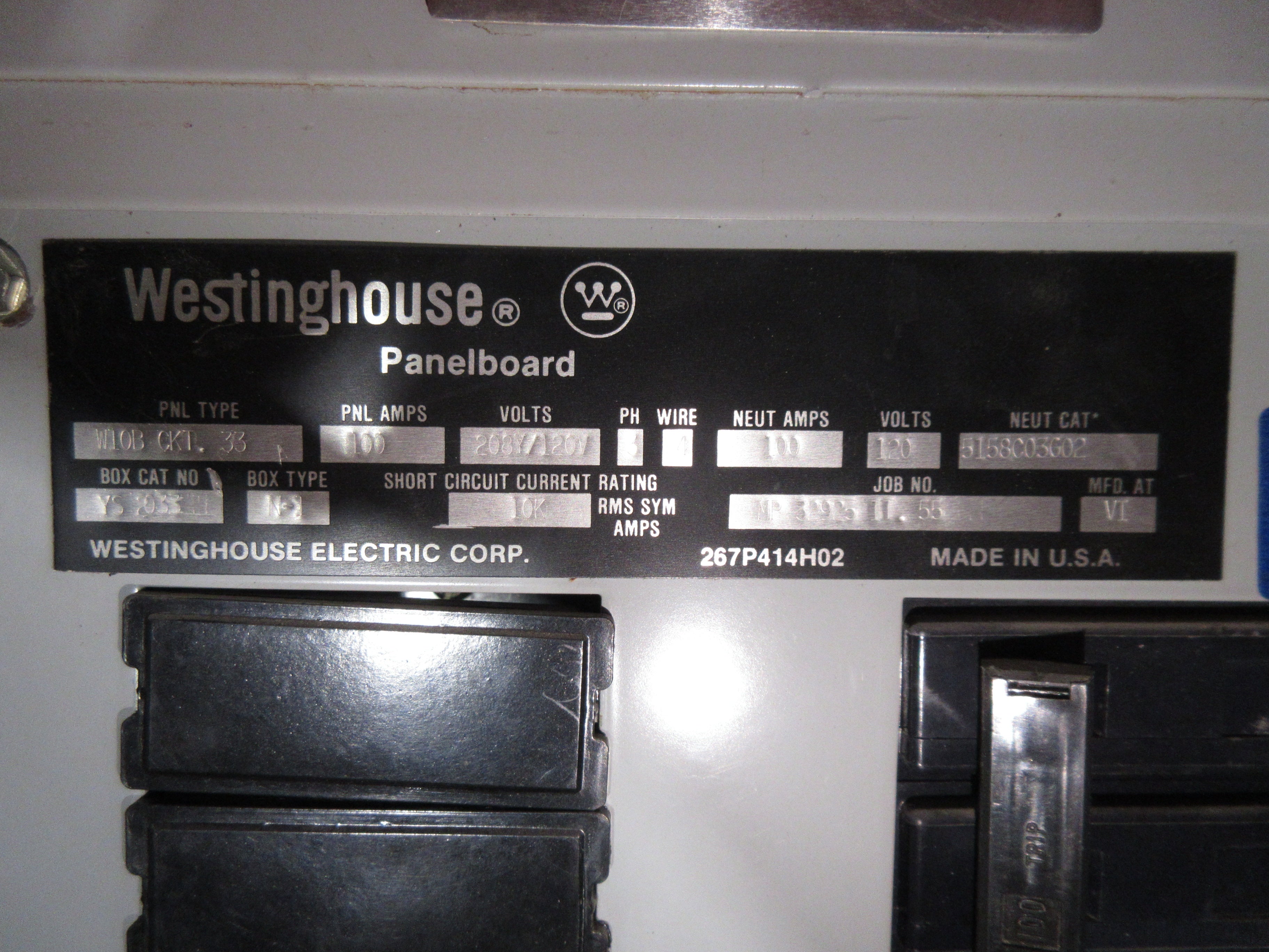 Westinghouse Main Lug Breaker Panel 5158C03G02 100A Max 208Y/120V 3Ph 4W 36-Slot
