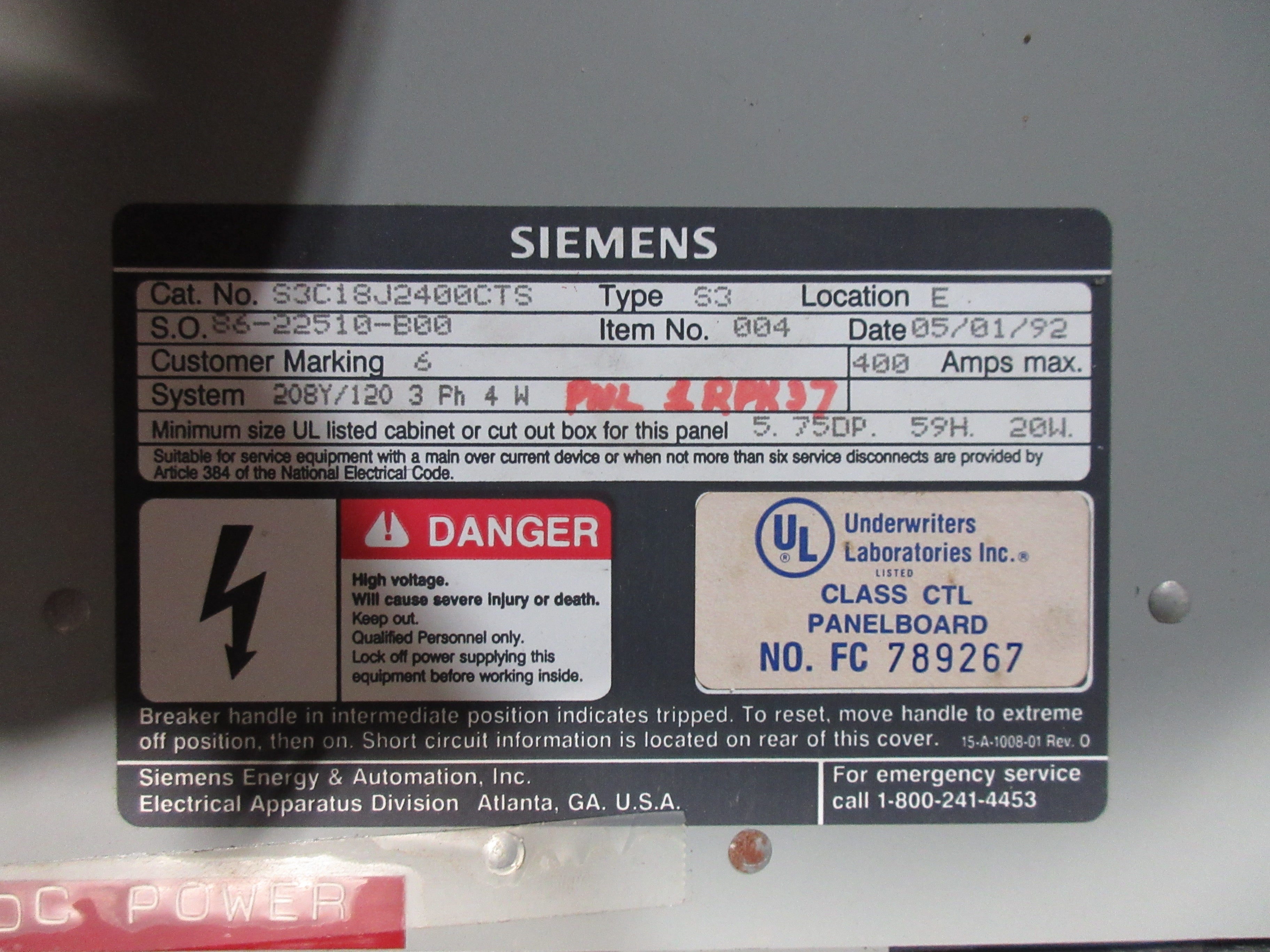 Siemens Main Lug Breaker Panel S3C18J2400CTS 400A Max 208Y/120V 3Ph 4W 12-Slot