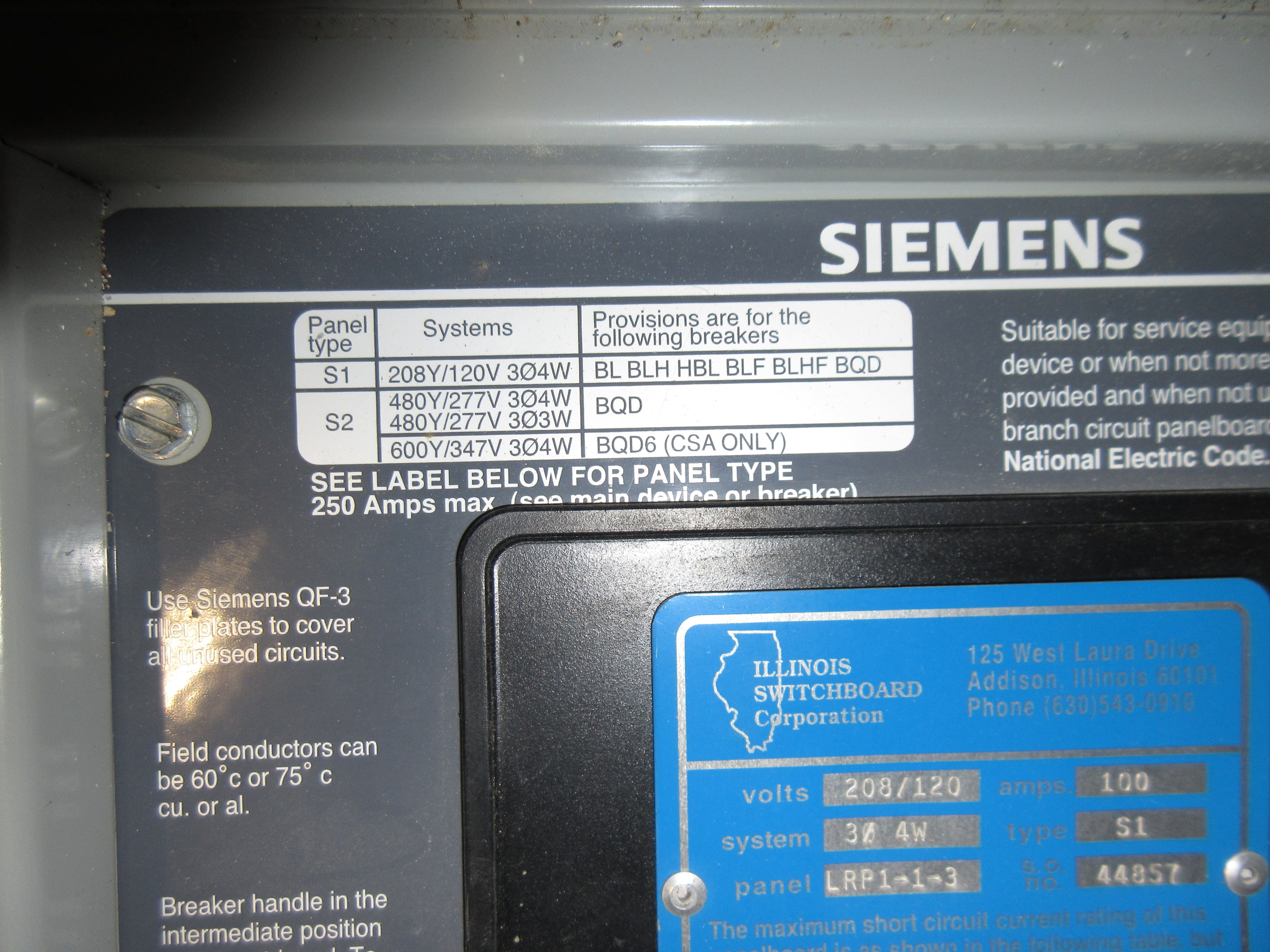Siemens Main Lug Breaker Panel S1C42ML250CTS 250A Max 208Y/120V 3Ph 4W 42-Slot