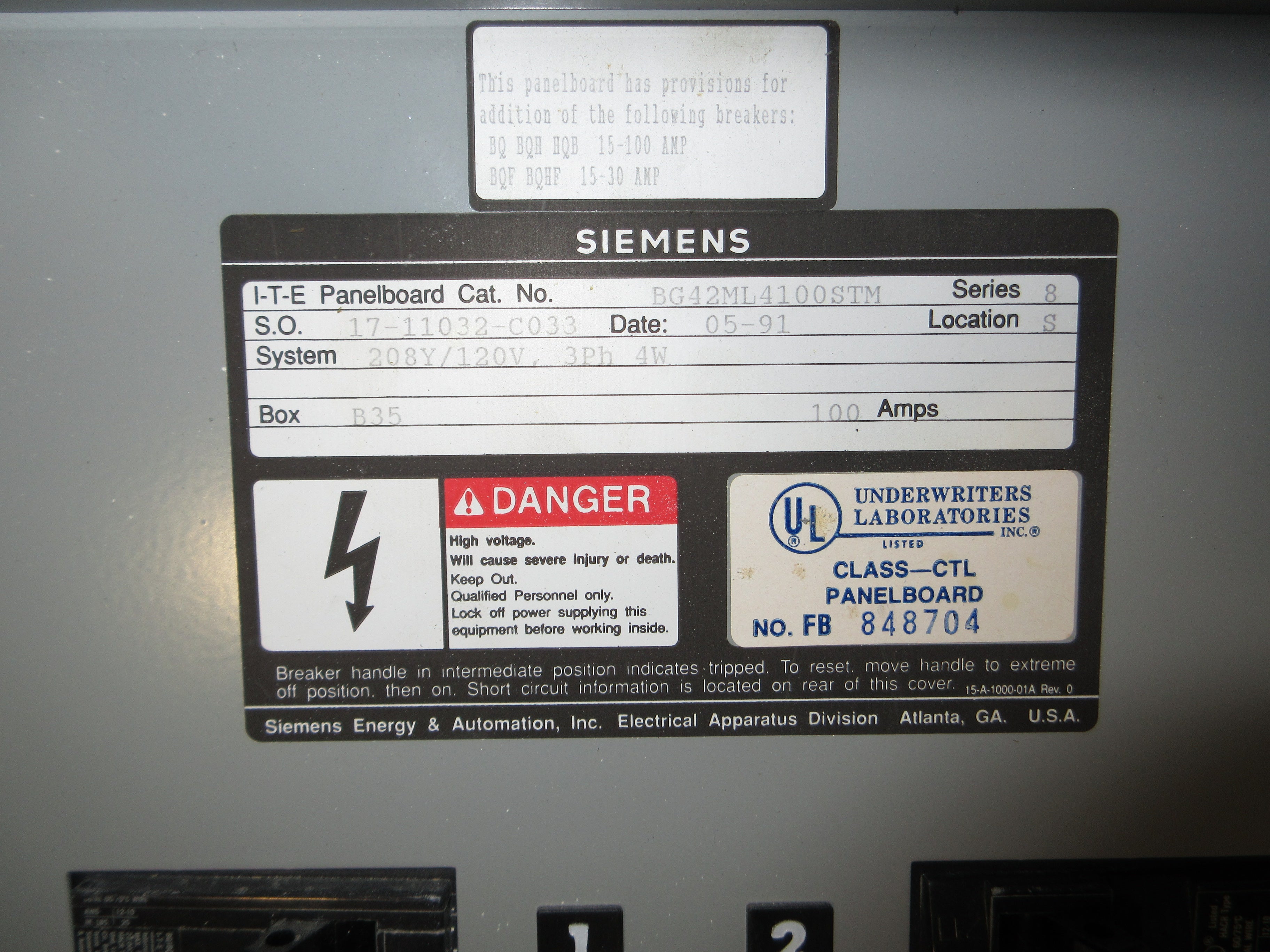 ITE Main Lug Breaker Panel BG42ML4100STM 100A Max 208Y/120V 3Ph 4W 42-Slot Used