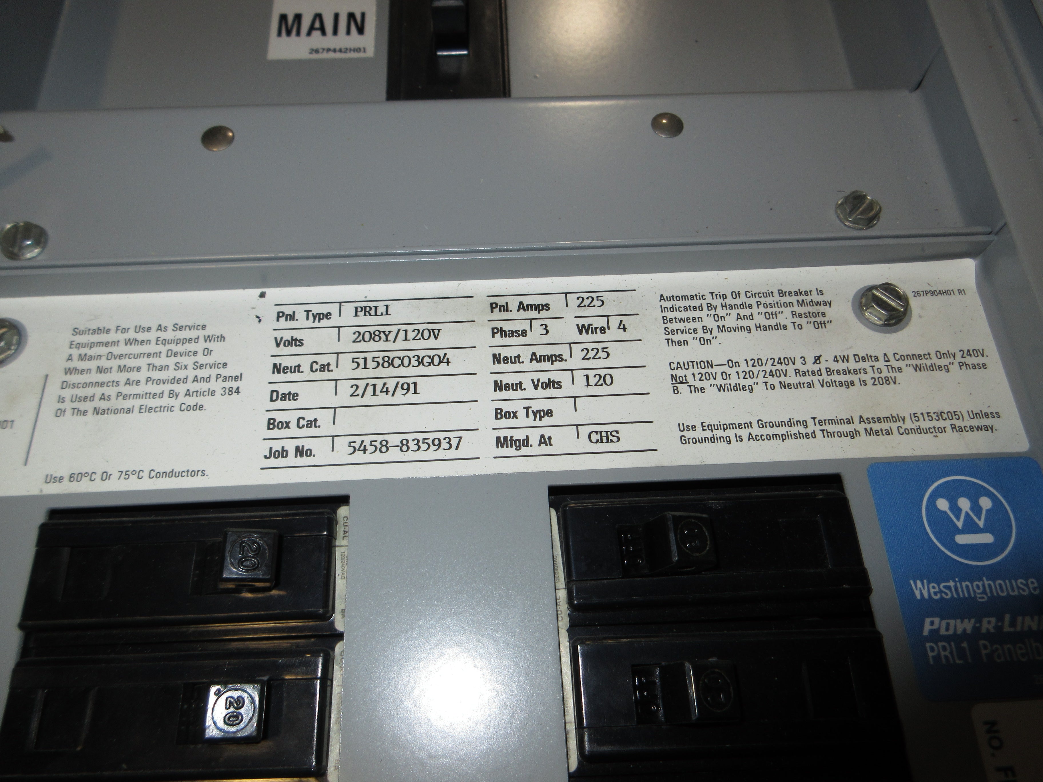 Westinghouse Main Breaker Circuit Breaker Panel 5158C03G04 225A Max 208Y/120V