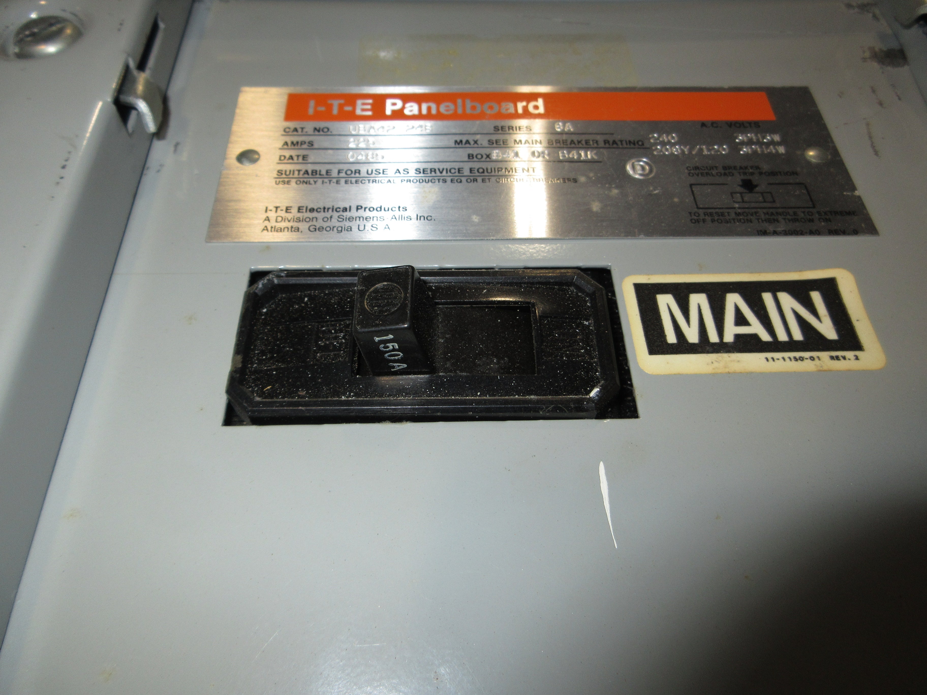 ITE Main Breaker Circuit Breaker Panel UBA42-24B 225A Max 208Y/120V 3Ph 4W Used