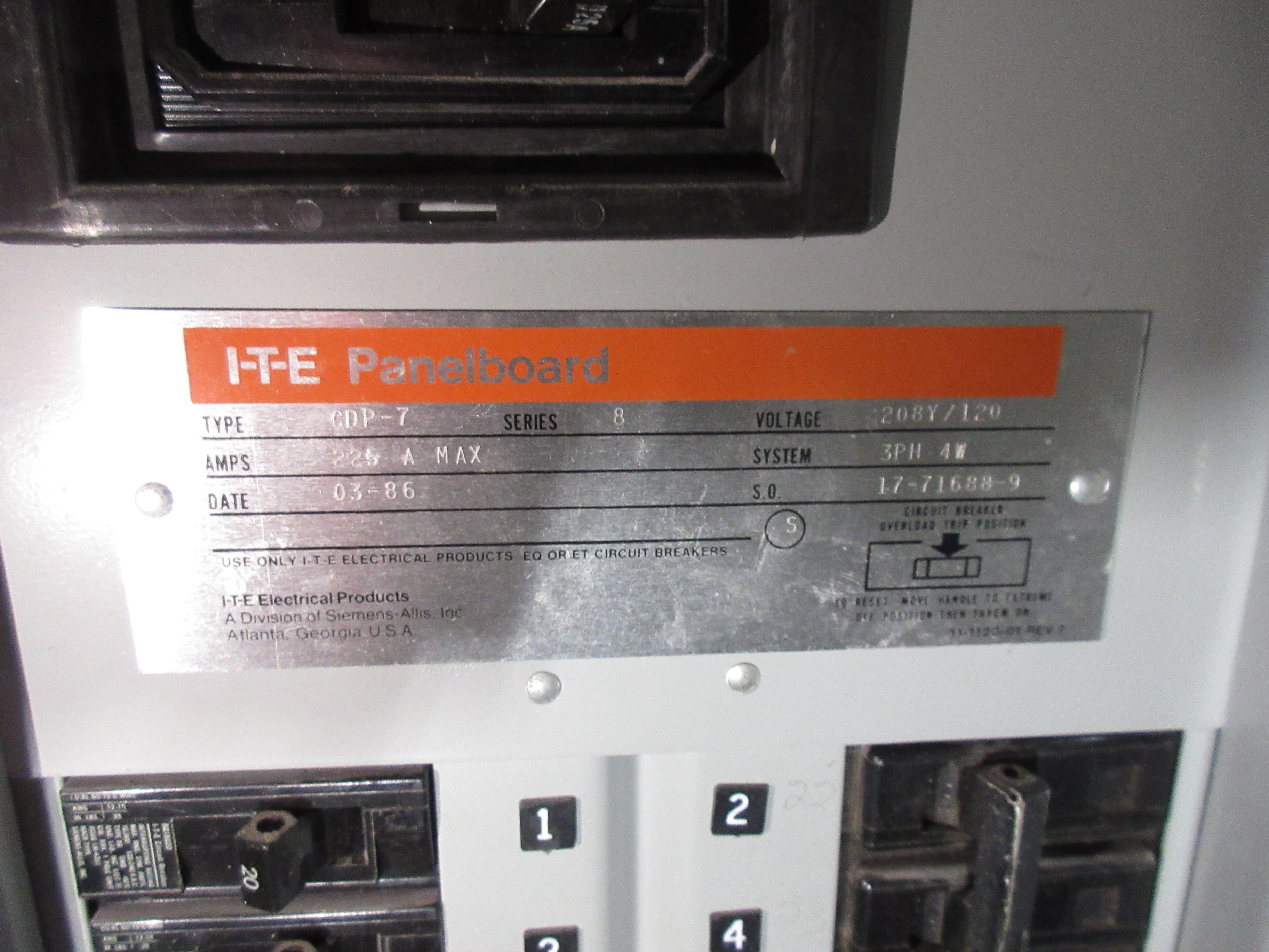 ITE Main Breaker Circuit Breaker Panel CDP-7 225A Max 208Y/120V 3Ph 4W 42-Slot