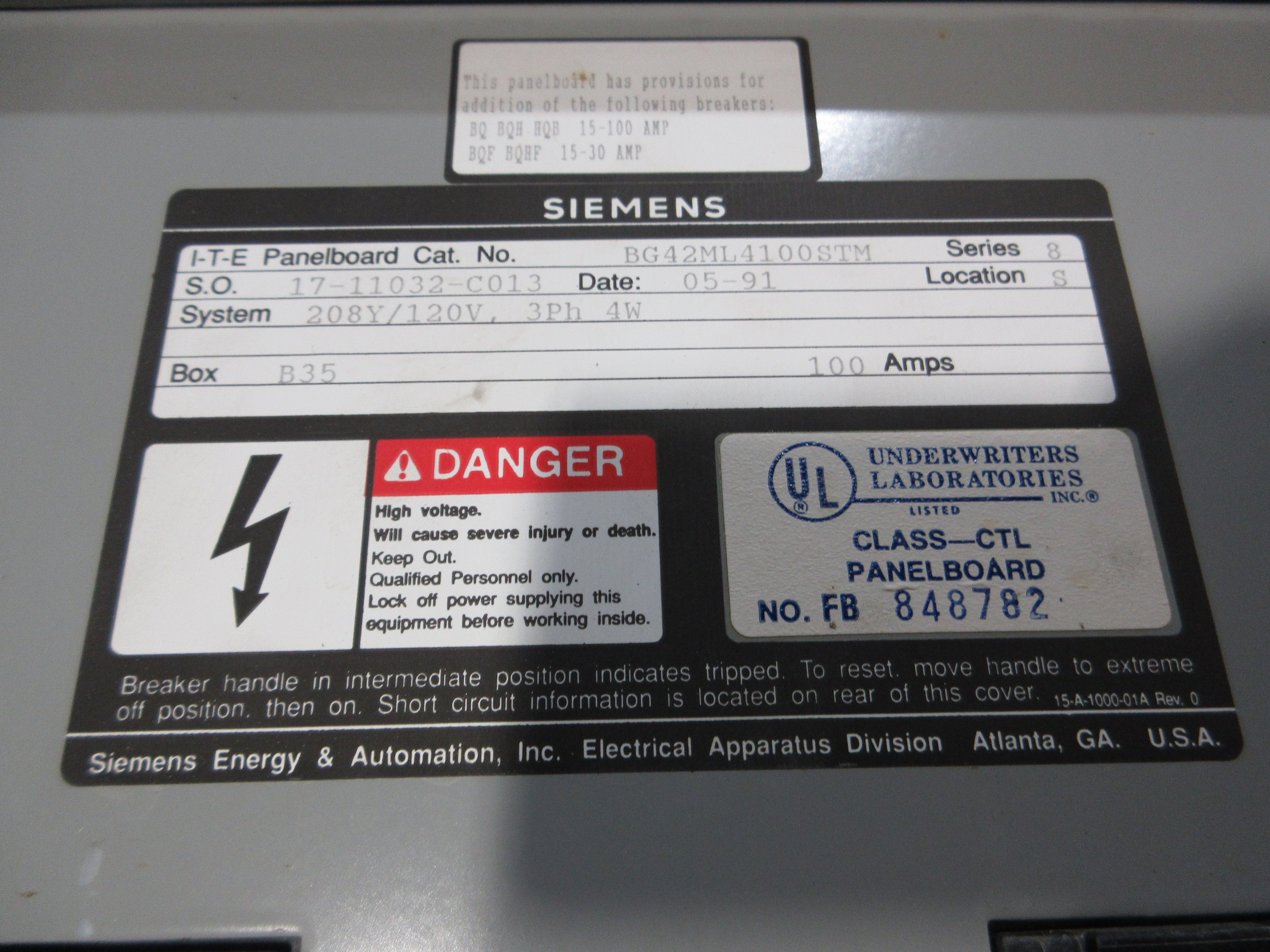 Siemens Main Lug Breaker Panel BG42ML4100STM 100A Max 208Y/120V 3Ph 4W 42-Slot
