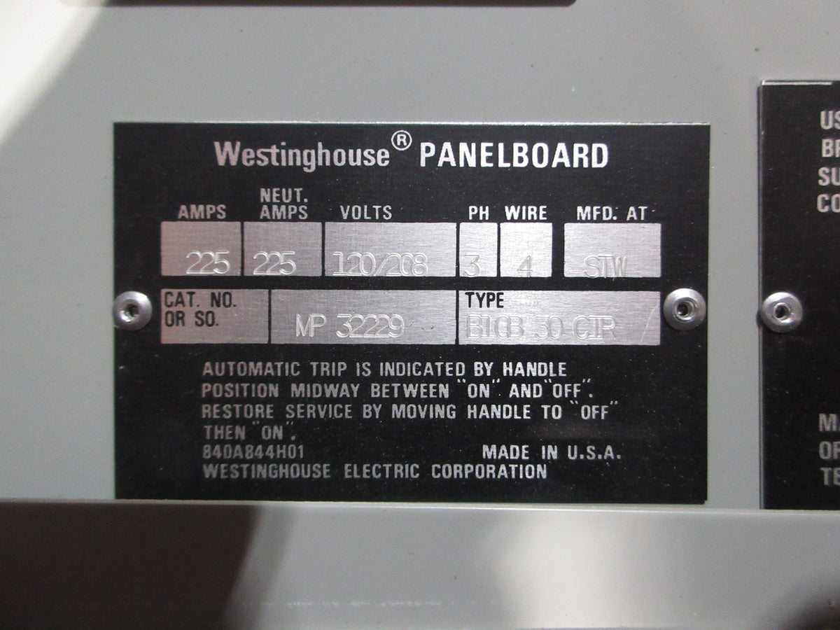 Westinghouse Main Breaker Circuit Breaker Panel MP 32229 225A Max 120/208V Used