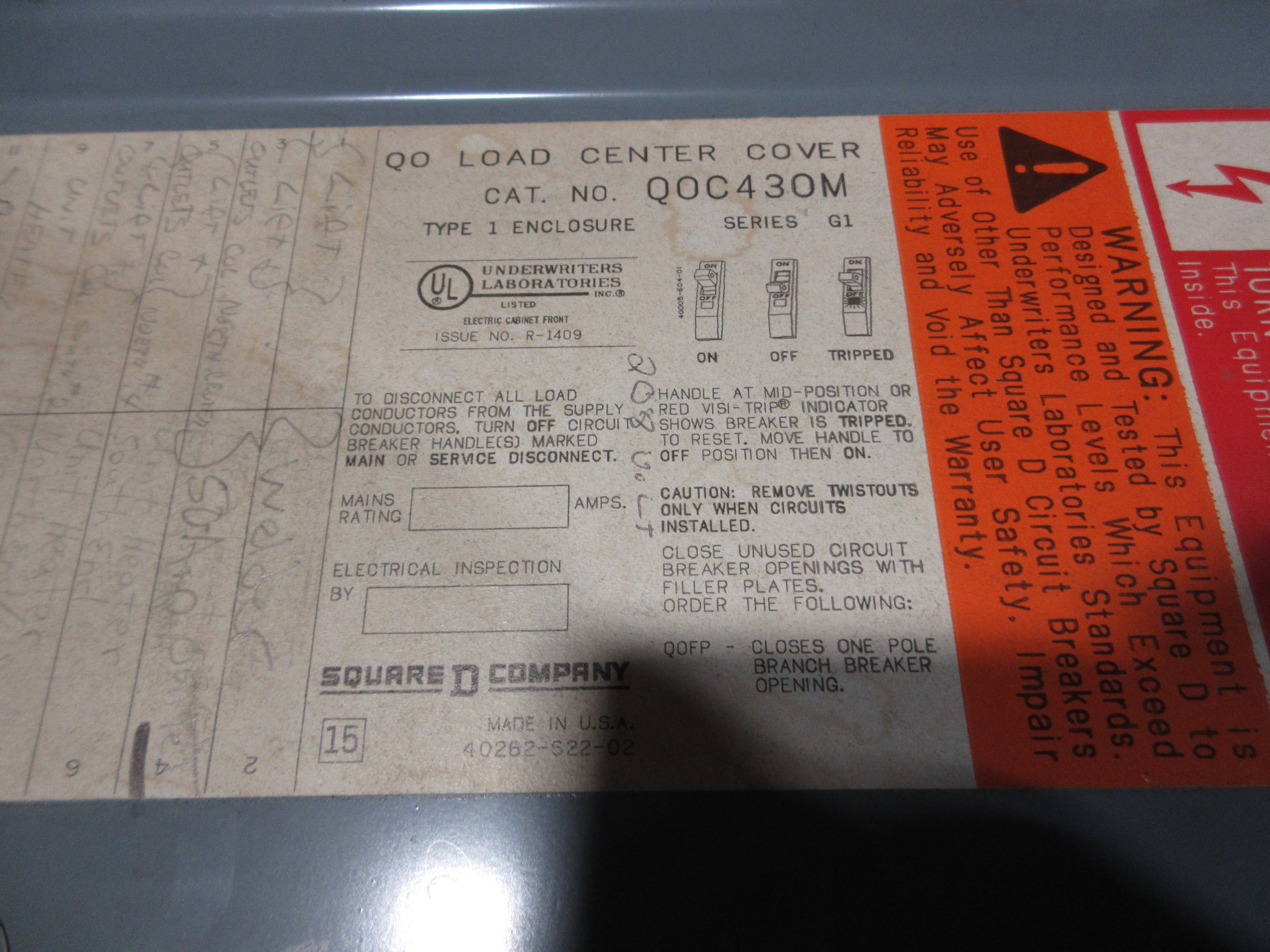 Square D Main Breaker Circuit Breaker Panel QOC430M 125A Main 30-Slot Used