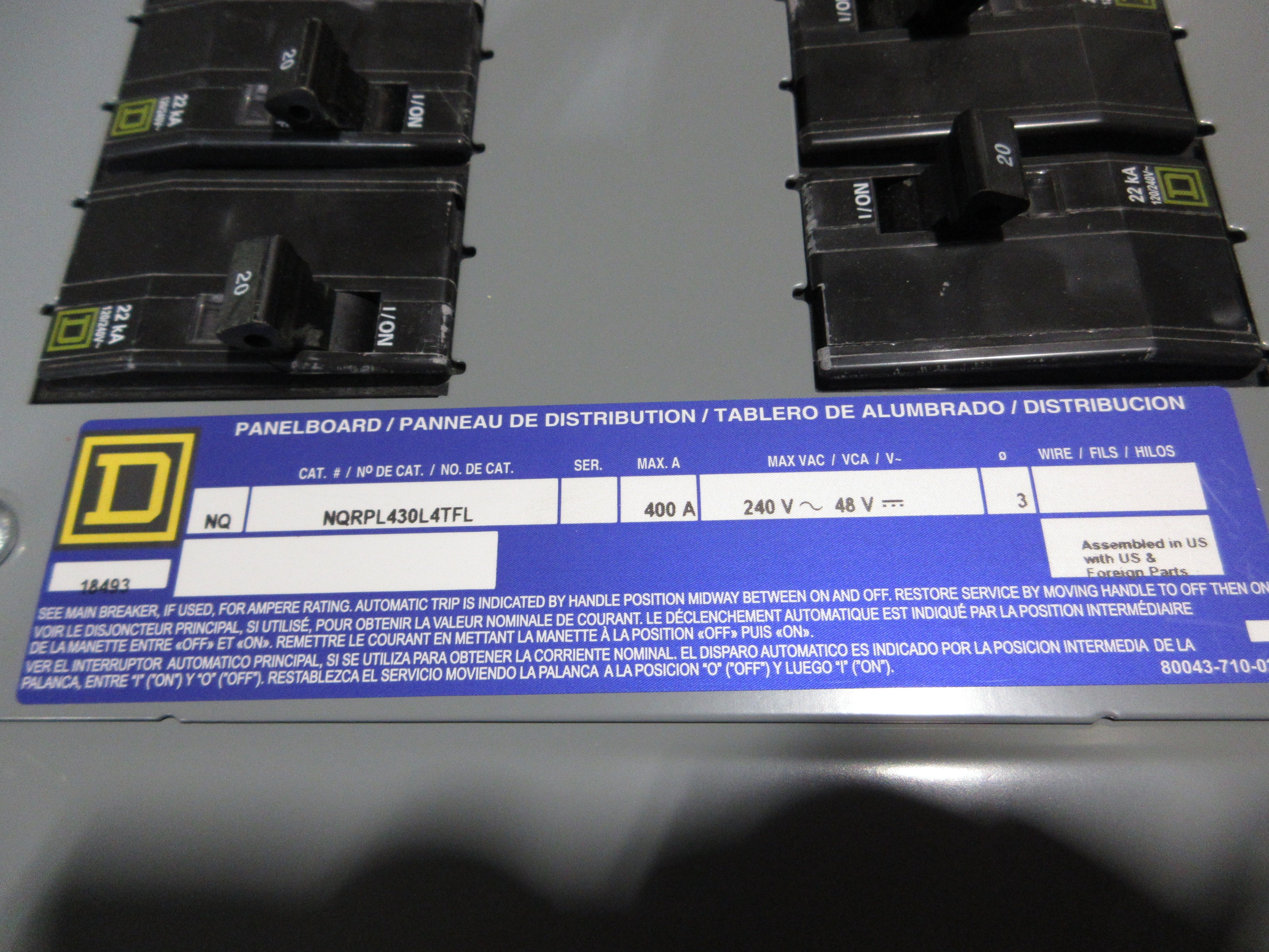 Square D Main Lug Breaker Panel NQRPL430L4TFL 400A Max 240V 3Ph 30-Slot Used