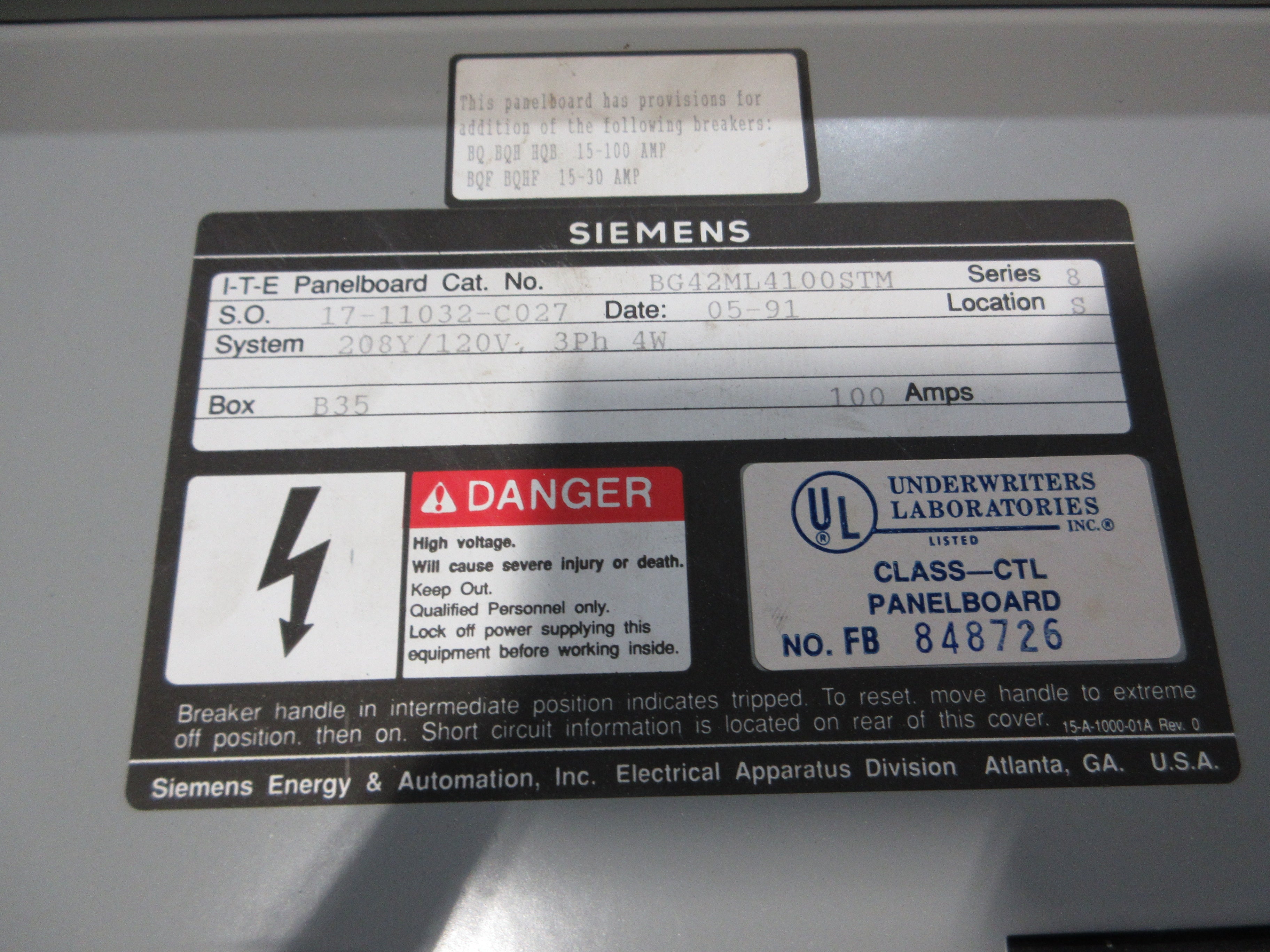 Siemens Main Lug Breaker Panel BG42ML4100STM 100A Max 208Y/120V 3Ph 4W 42-Slot