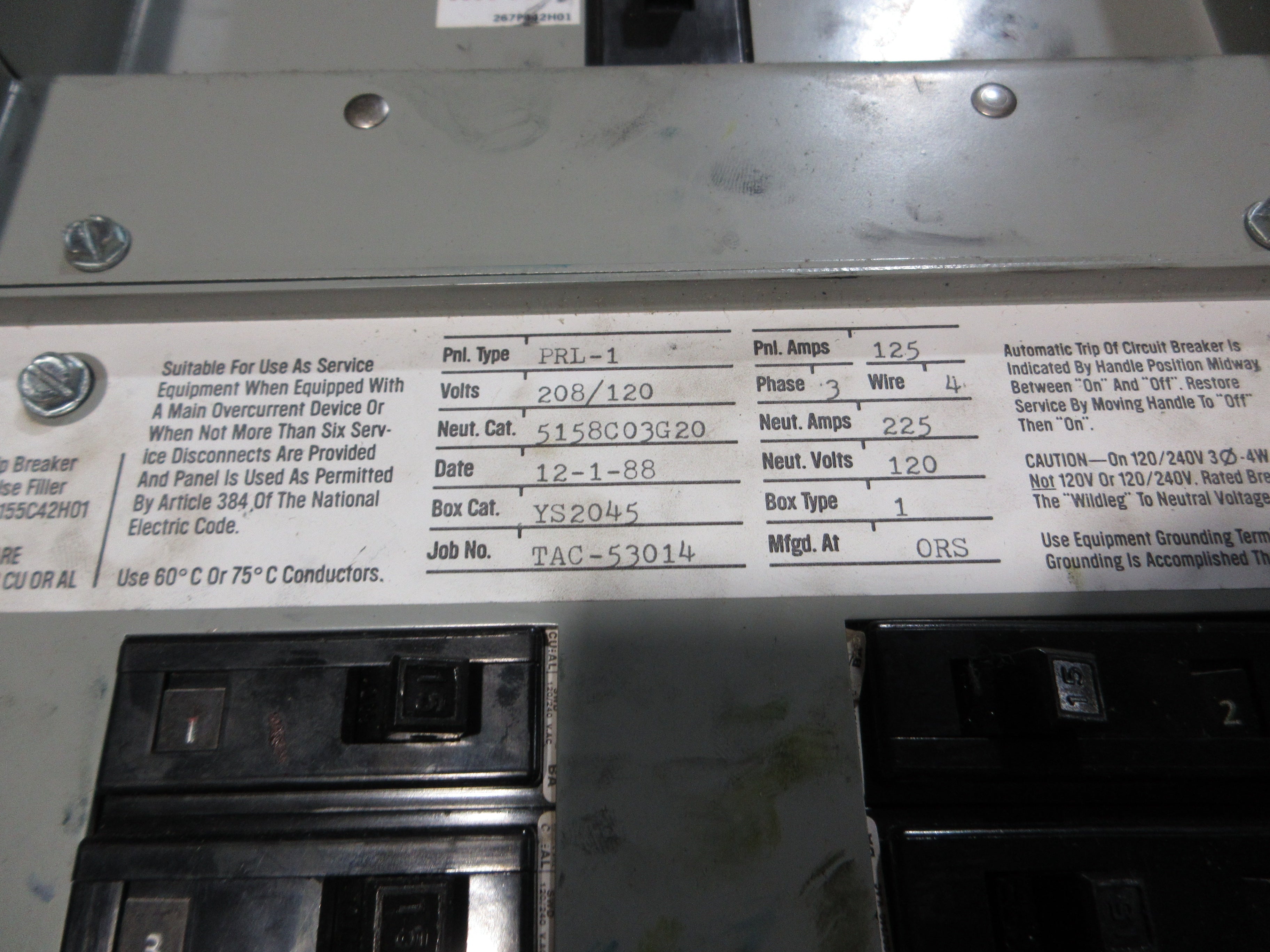 Westinghouse Main Breaker Circuit Breaker Panel 5158C03G20 208/120V 3Ph 4W Used