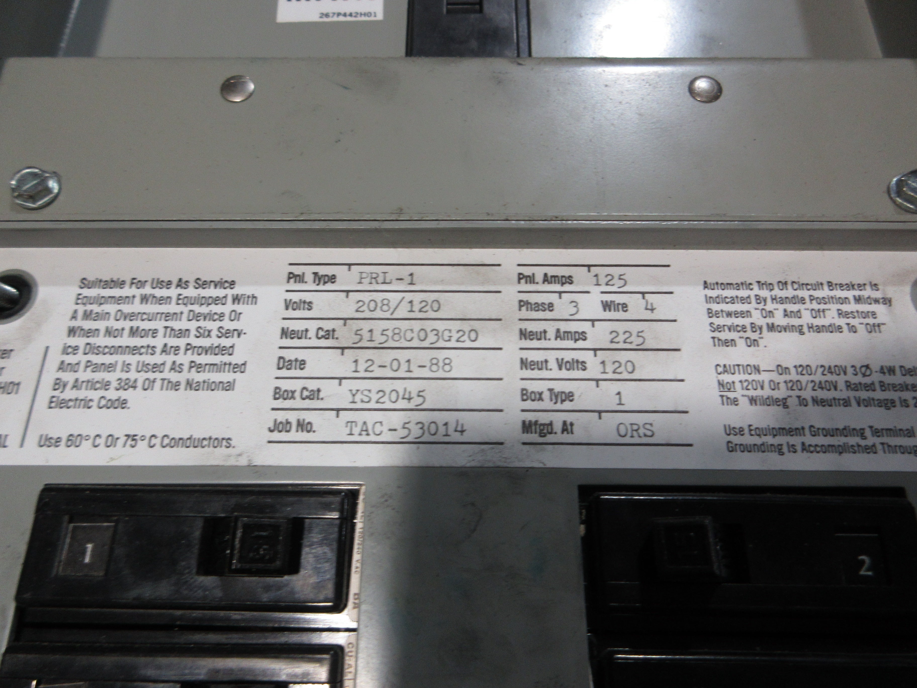 Westinghouse Main Breaker Circuit Breaker Panel 5158C03G20 208/120V 3Ph 4W Used