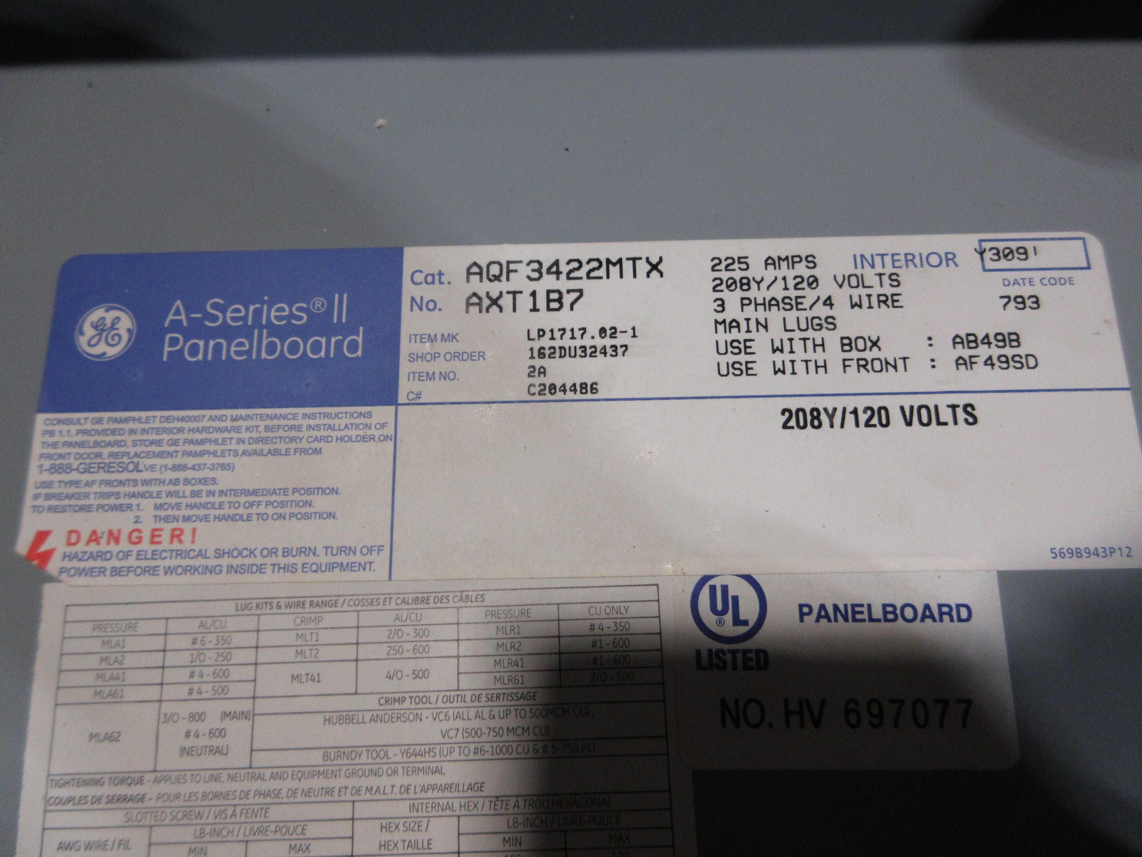 GE Main Lug Breaker Panel AQF3422MTX AXT1B7 225A Max 208Y/120V 3Ph 4W 42-Slot